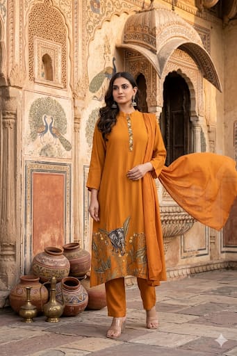 Mustard Orange Mul Chanderi Silk Pant Set