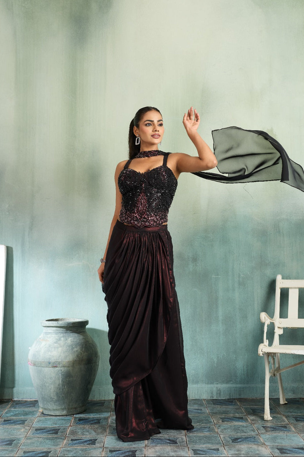 Black Embellished Shimmer Silk Draped Skirt Set