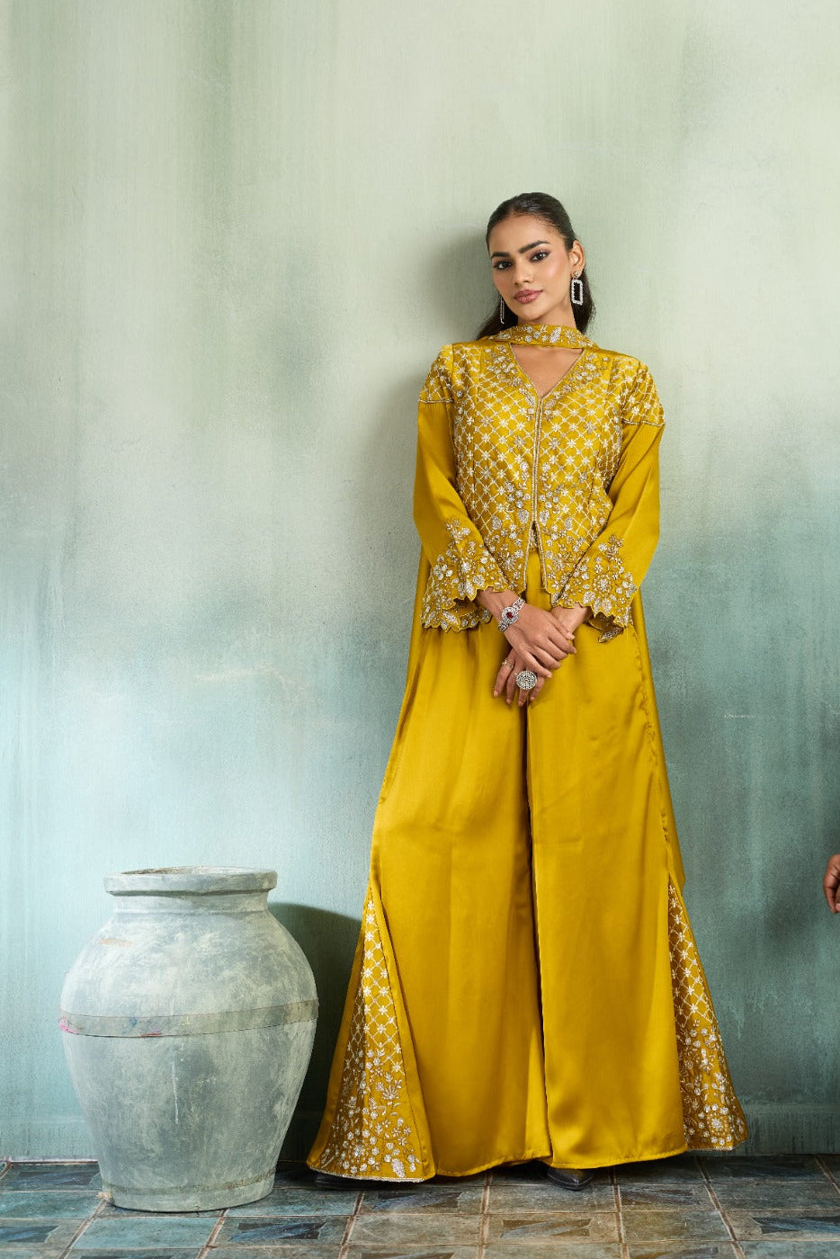 Golden Yellow Embellished Crepe Silk Palazzo Set