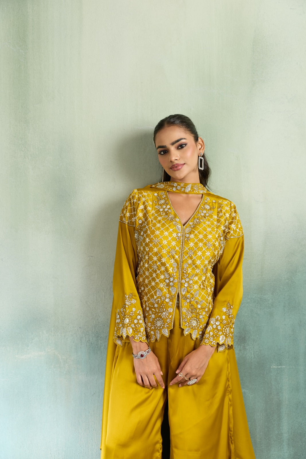 Golden Yellow Embellished Crepe Silk Palazzo Set