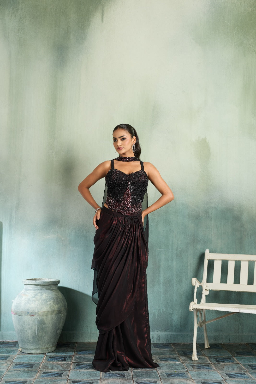 Black Embellished Shimmer Silk Draped Skirt Set