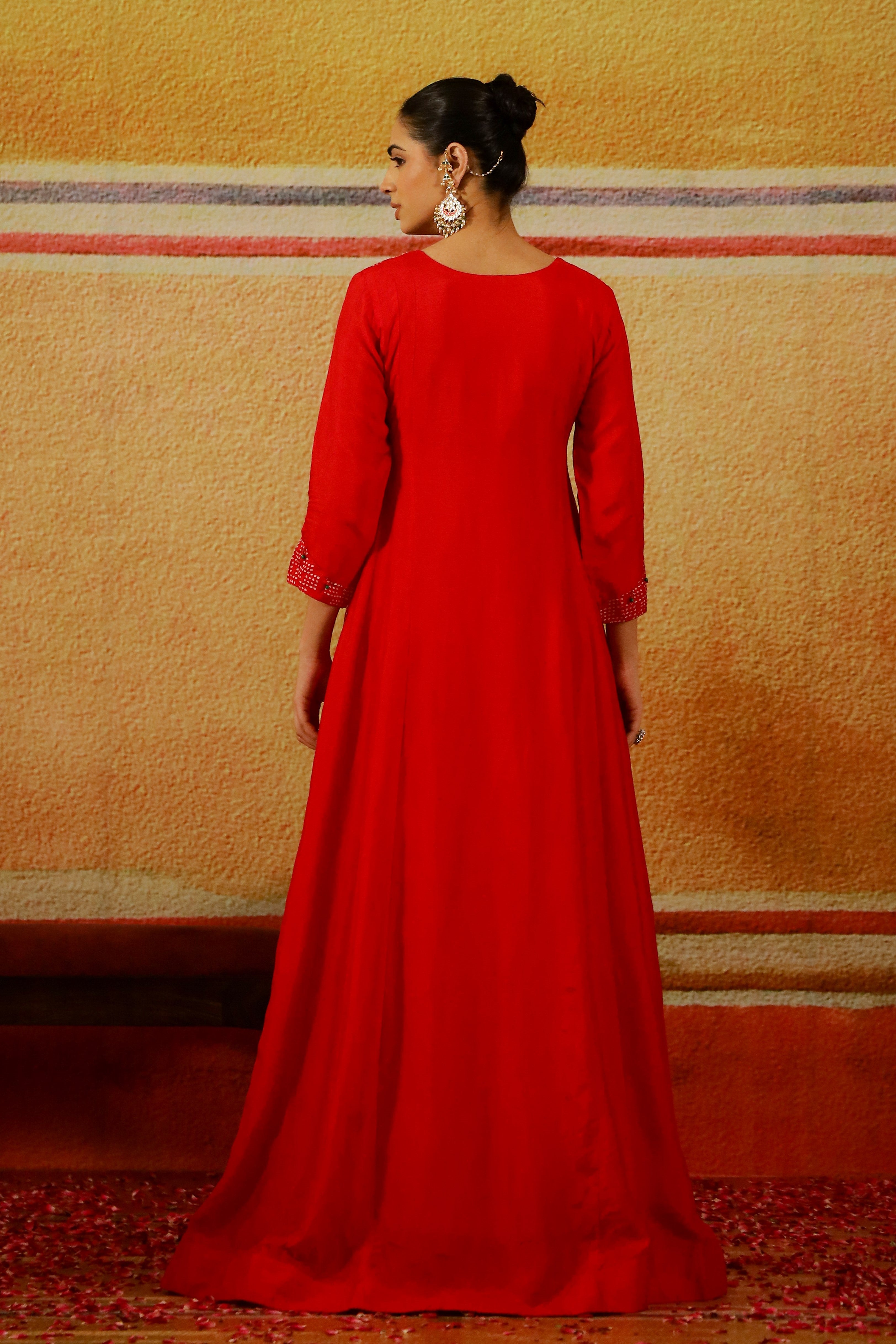 Hot Red Embroidered Raw Silk Gown