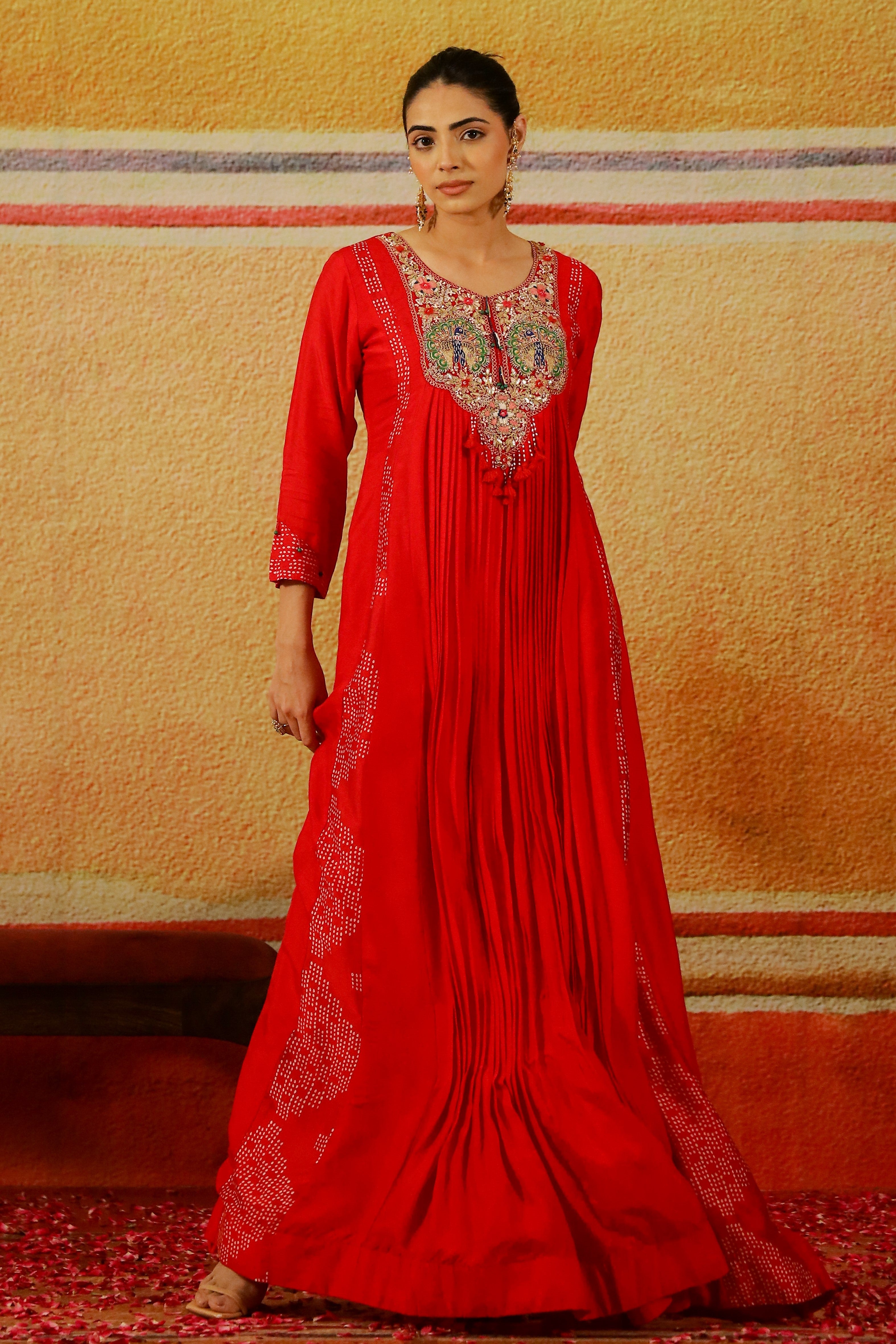 Hot Red Embroidered Raw Silk Gown