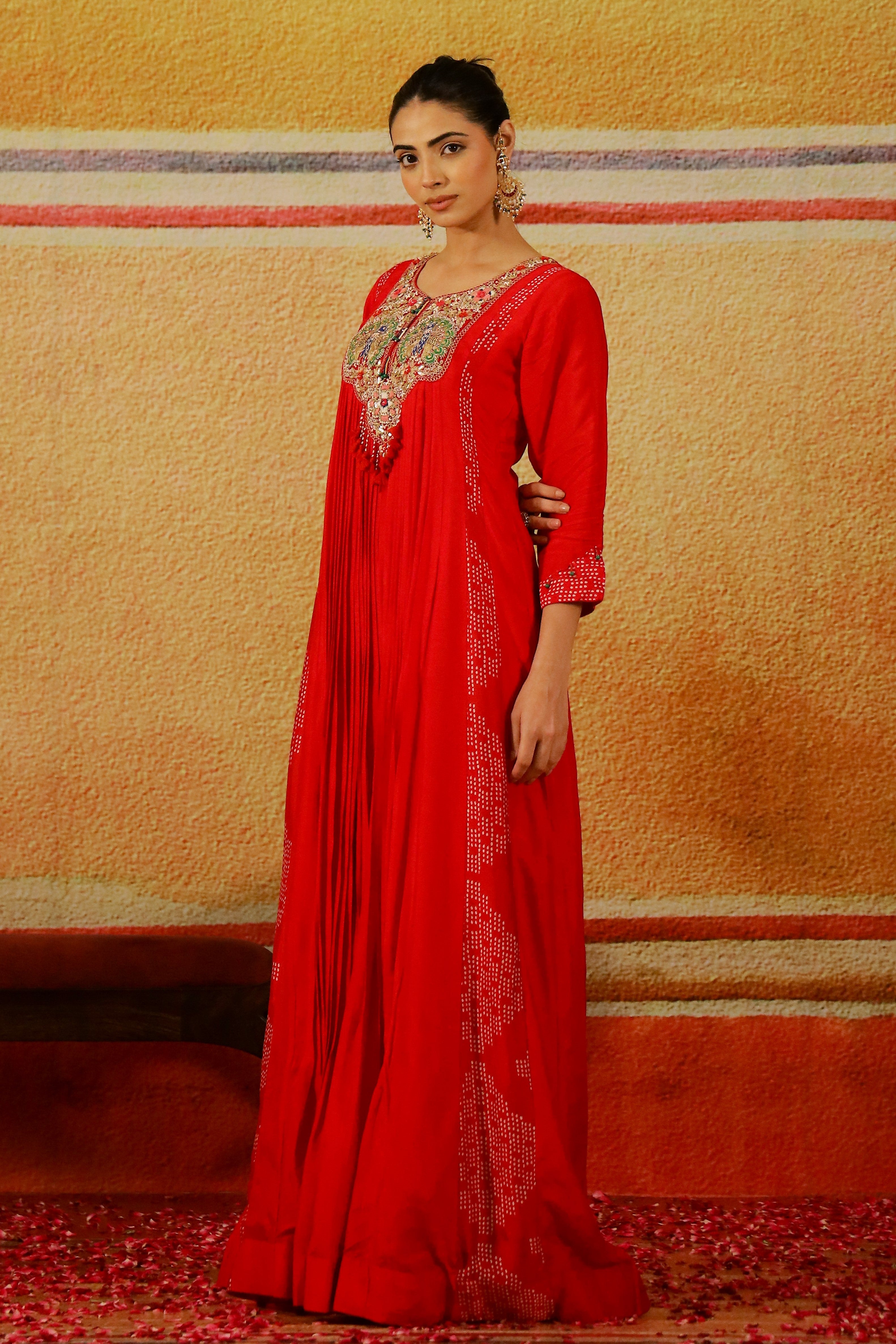Hot Red Embroidered Raw Silk Gown