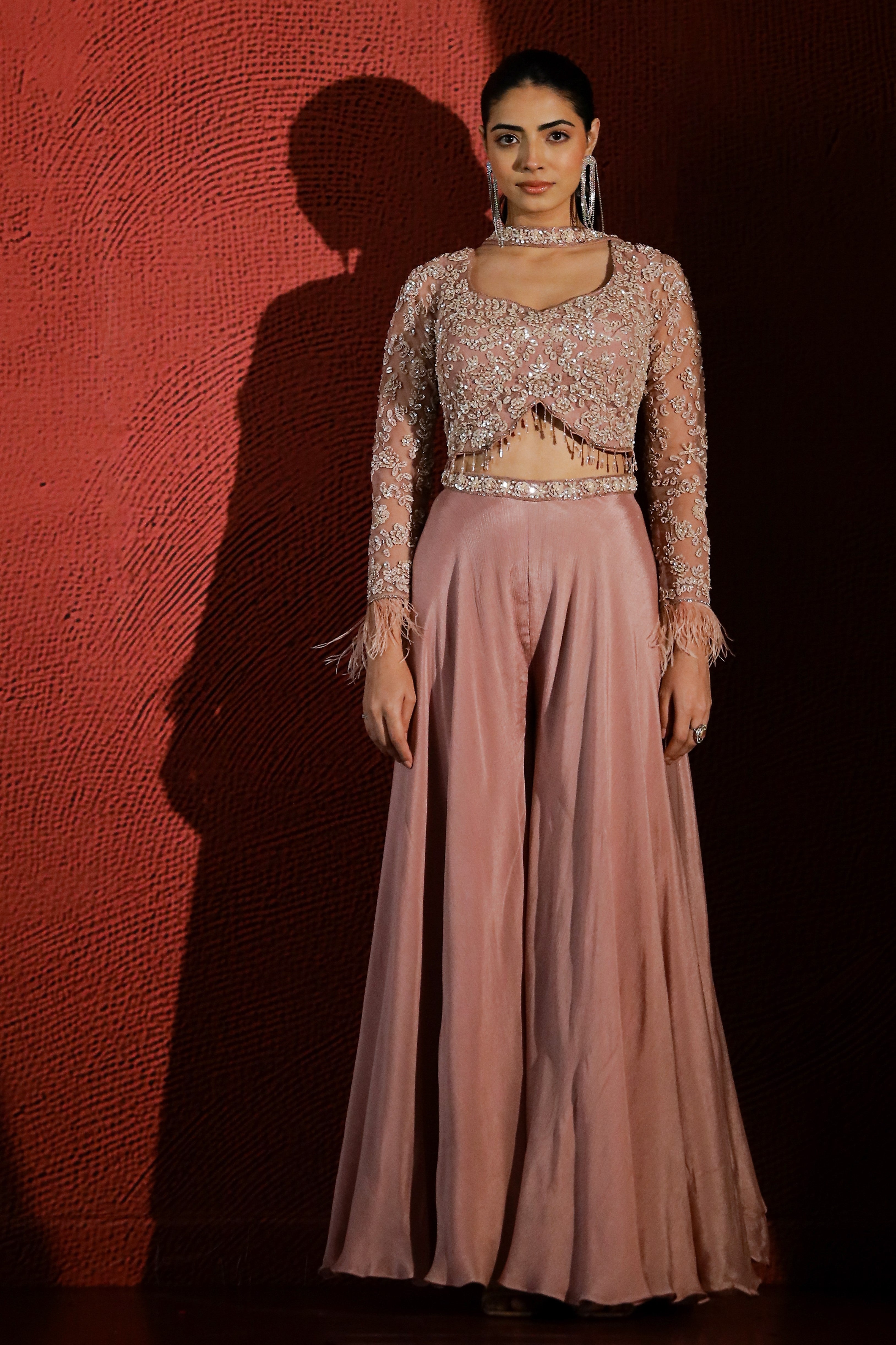 Dusky Peach Embellished Premium Net Palazzo Set