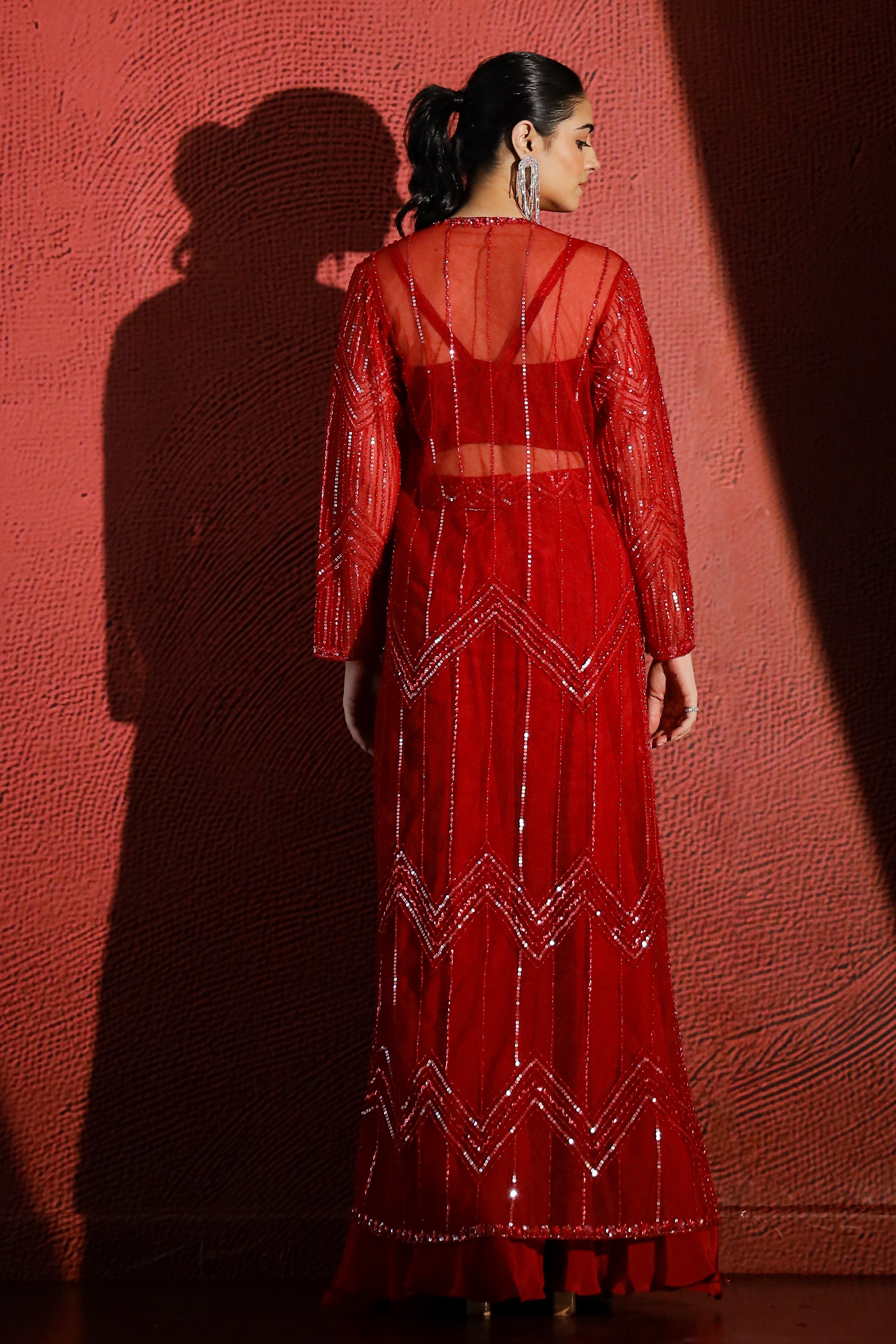 Hot Red Embellished Premium Net Shrug & Palazzo Set