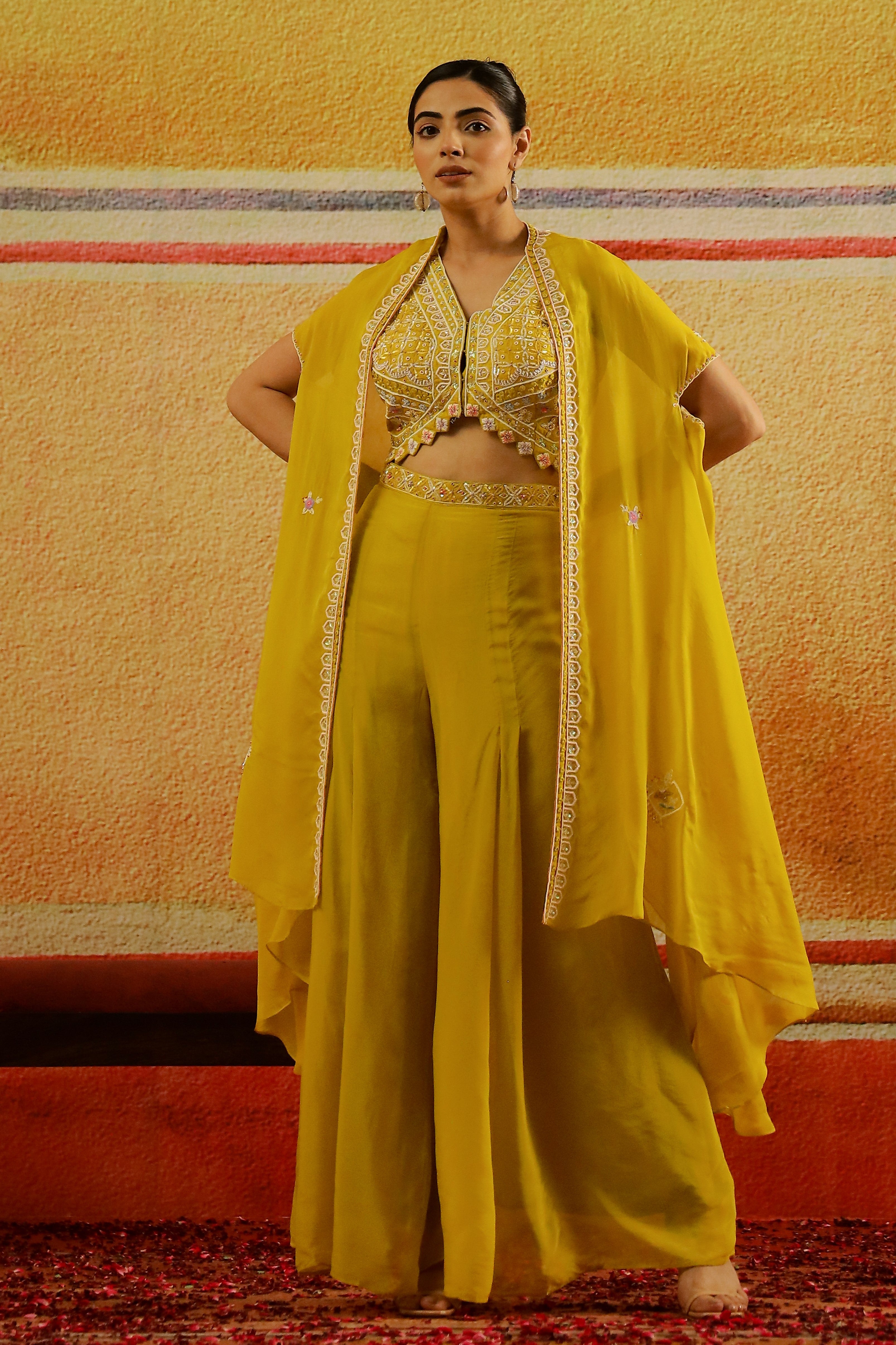 Festive Yellow Embellished Organza Silk Cape Set