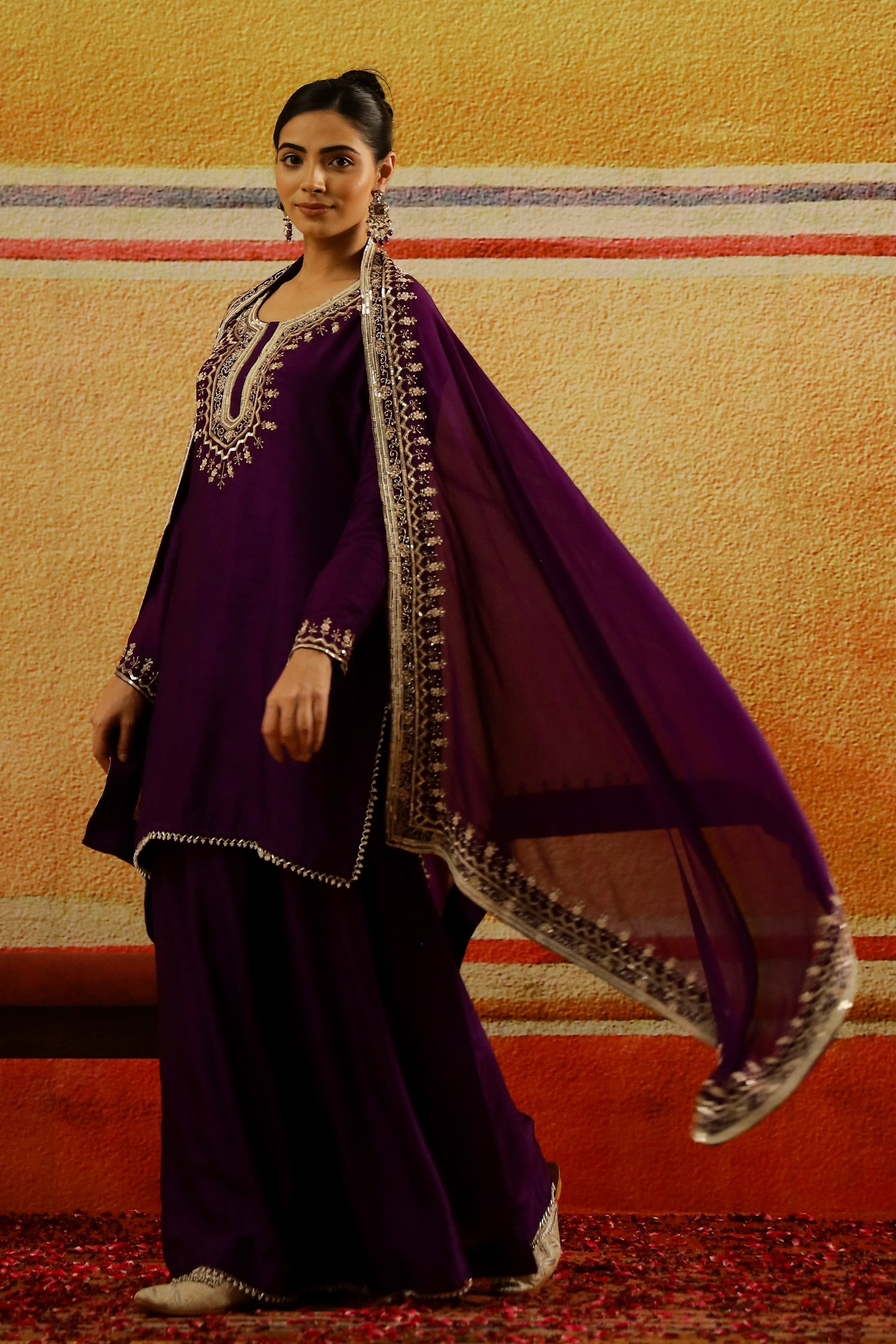 Purple Embellished Raw Silk Palazzo Set