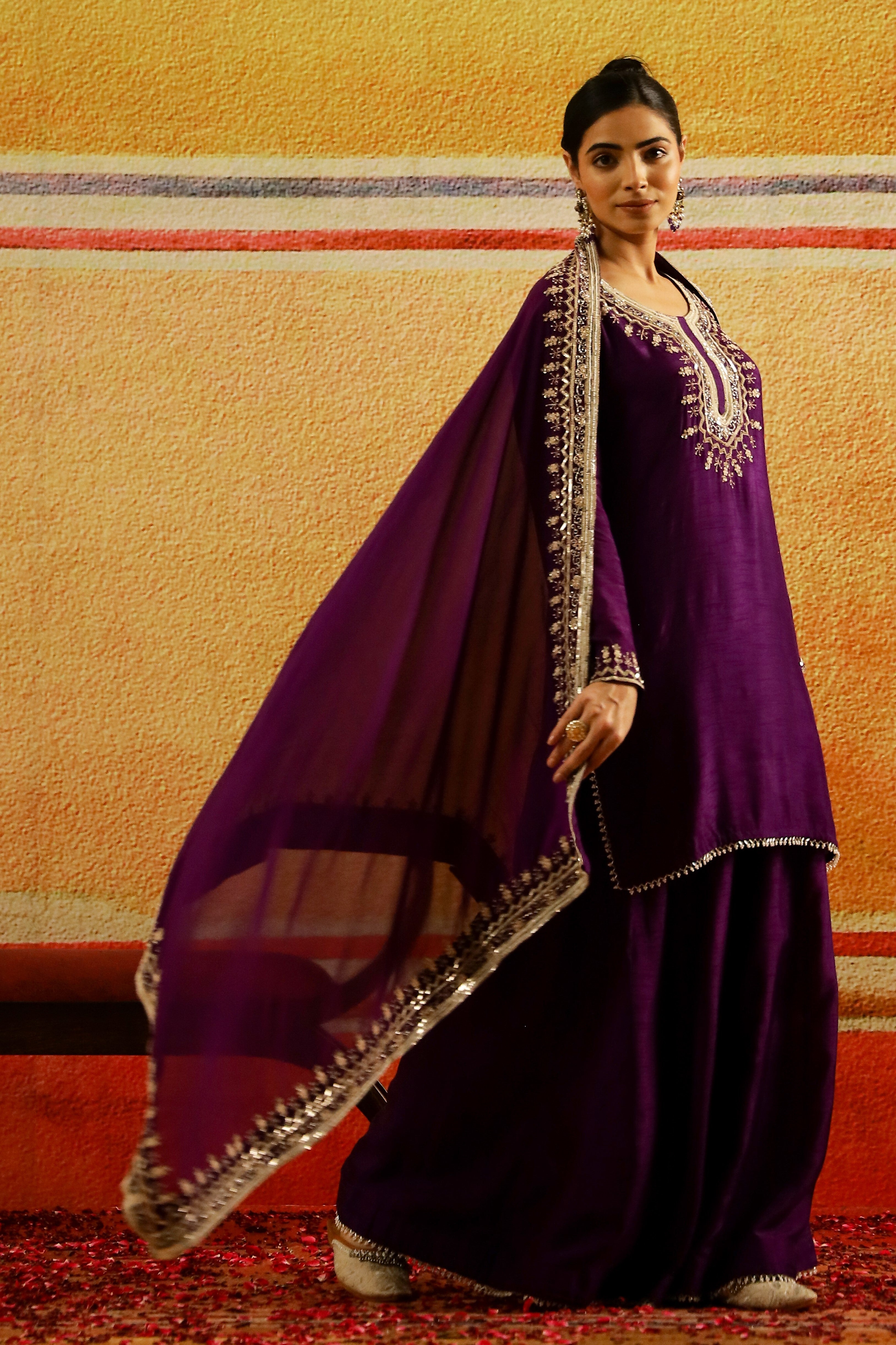 Purple Embellished Raw Silk Palazzo Set