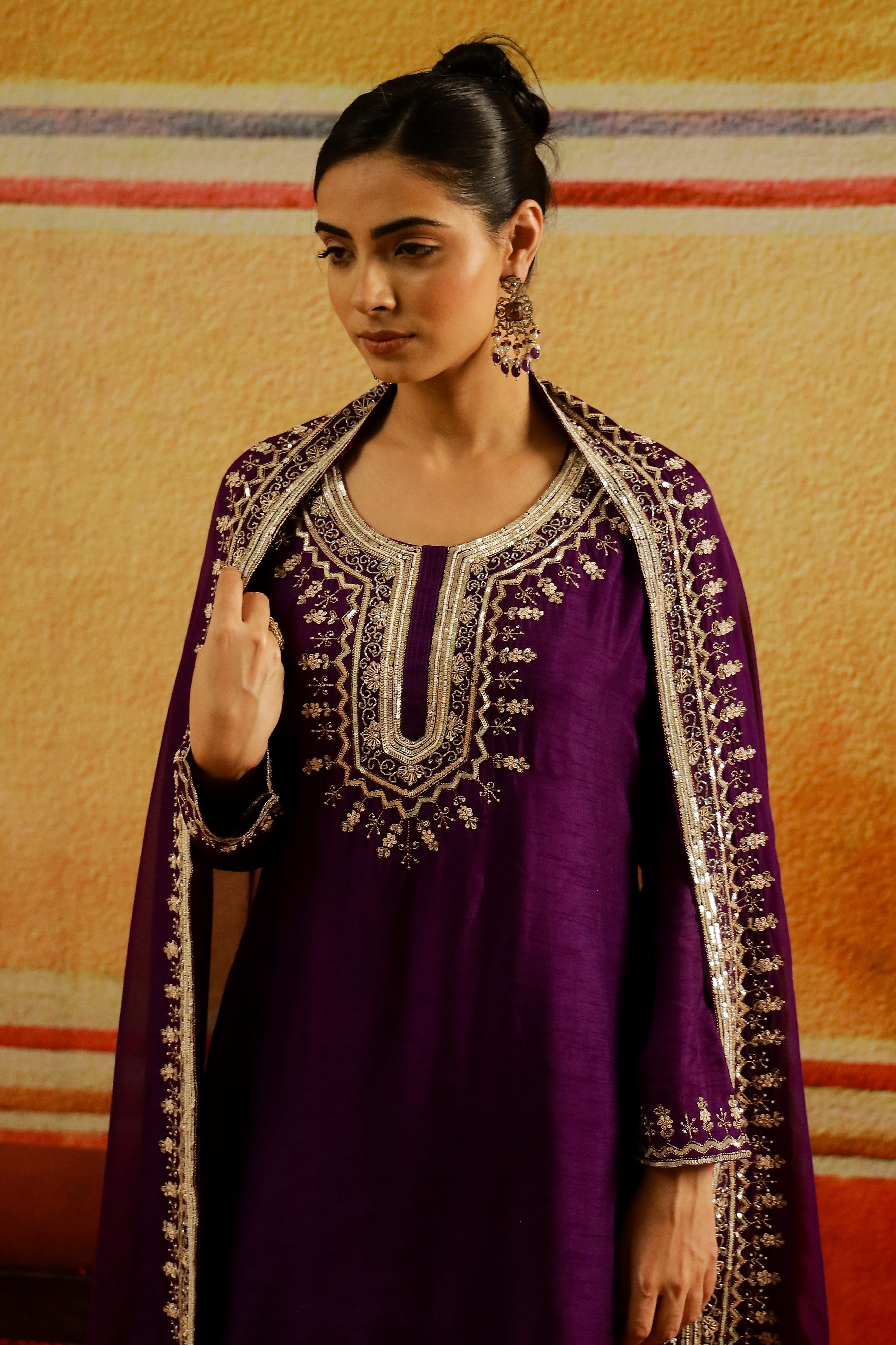 Purple Embellished Raw Silk Palazzo Set