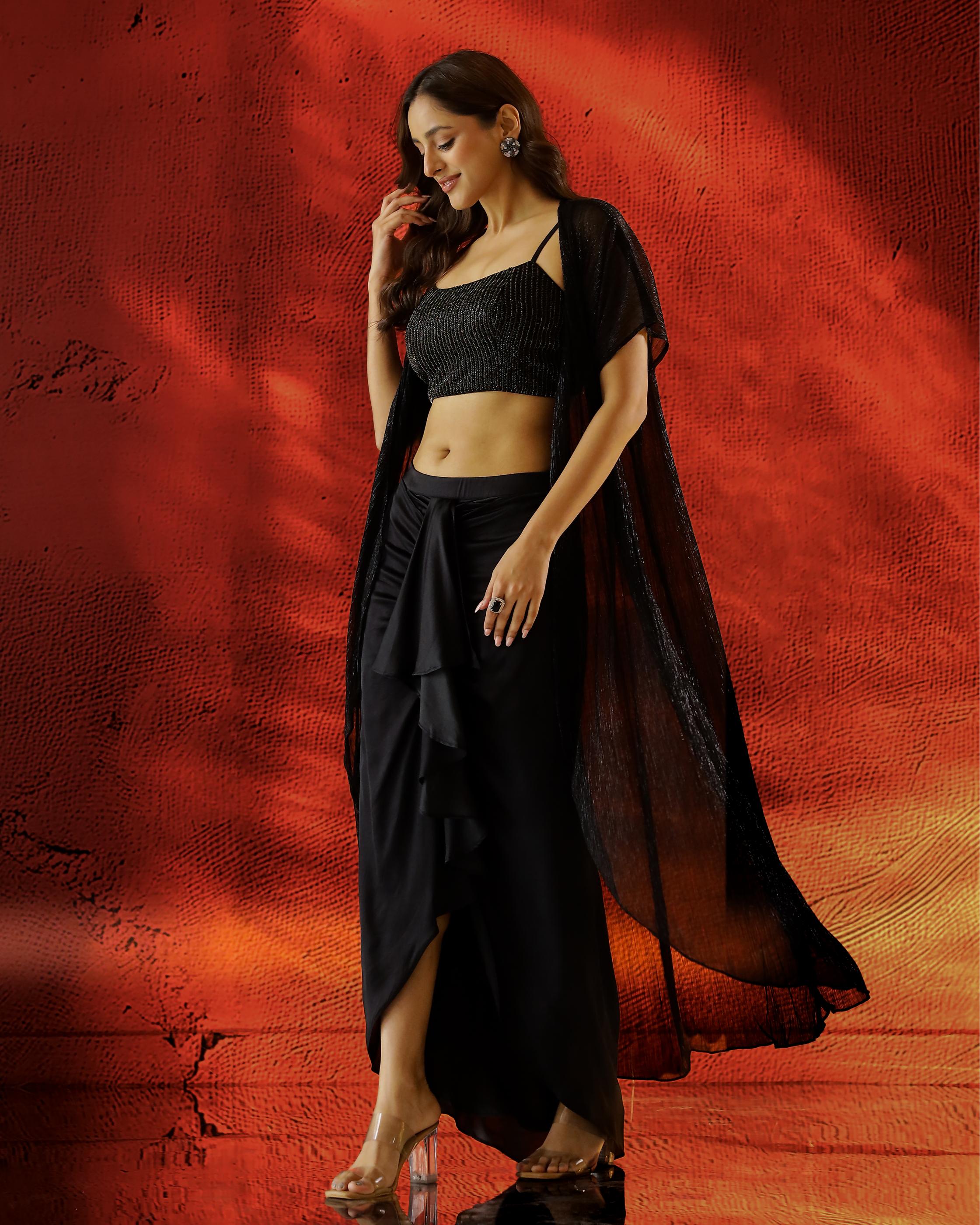 Shimmer Black Embellished Satin Silk Jacket Skirt Set