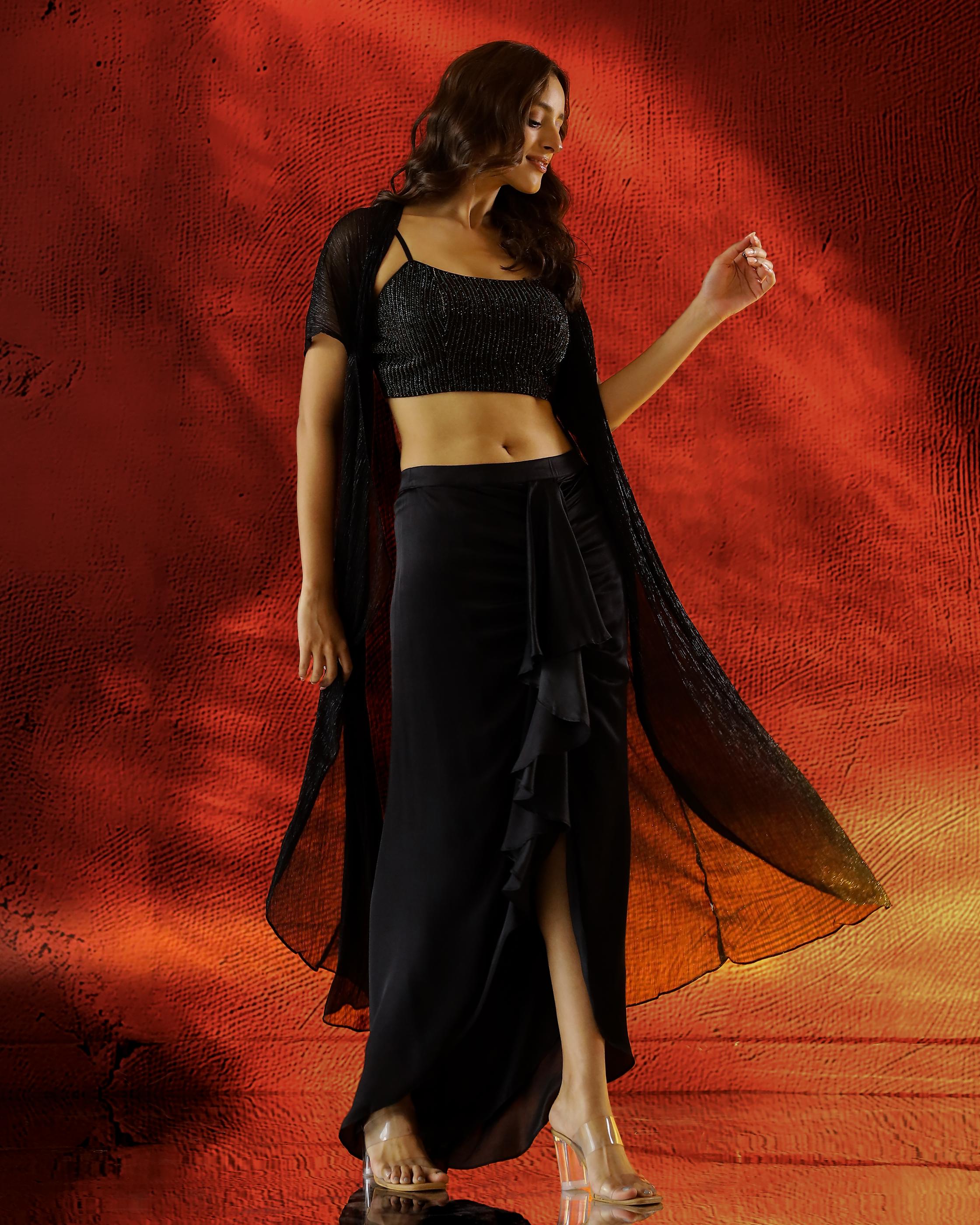 Shimmer Black Embellished Satin Silk Jacket Skirt Set