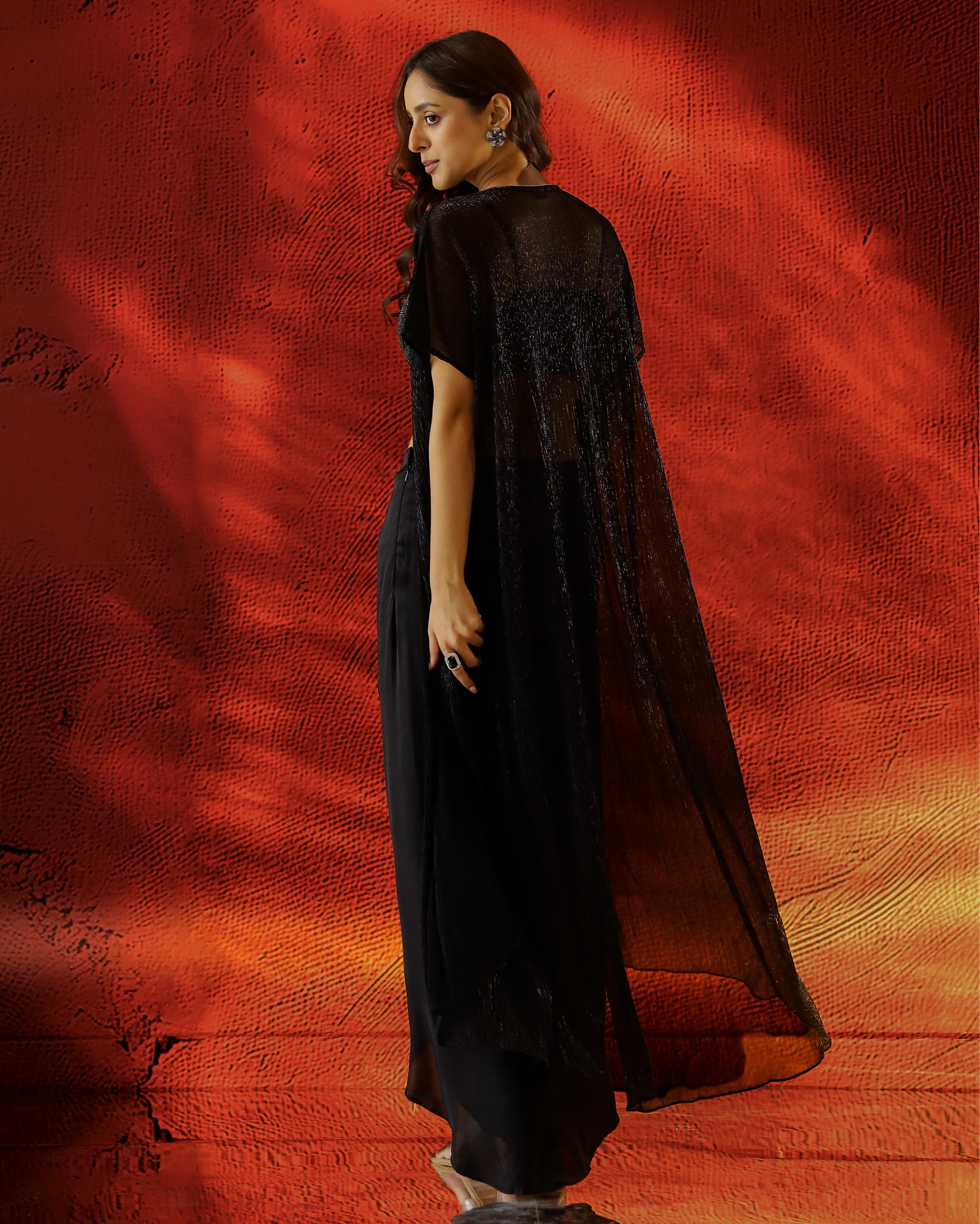 Shimmer Black Embellished Satin Silk Jacket Skirt Set