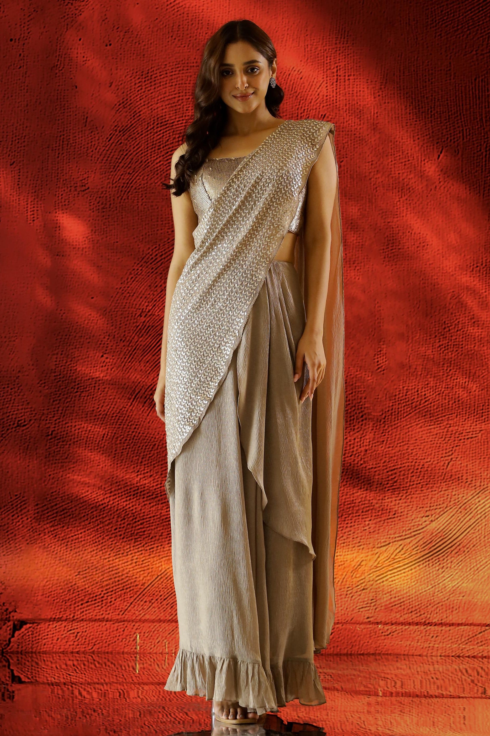 Beige Embellished Shimmer Premium Silk Draped Saree
