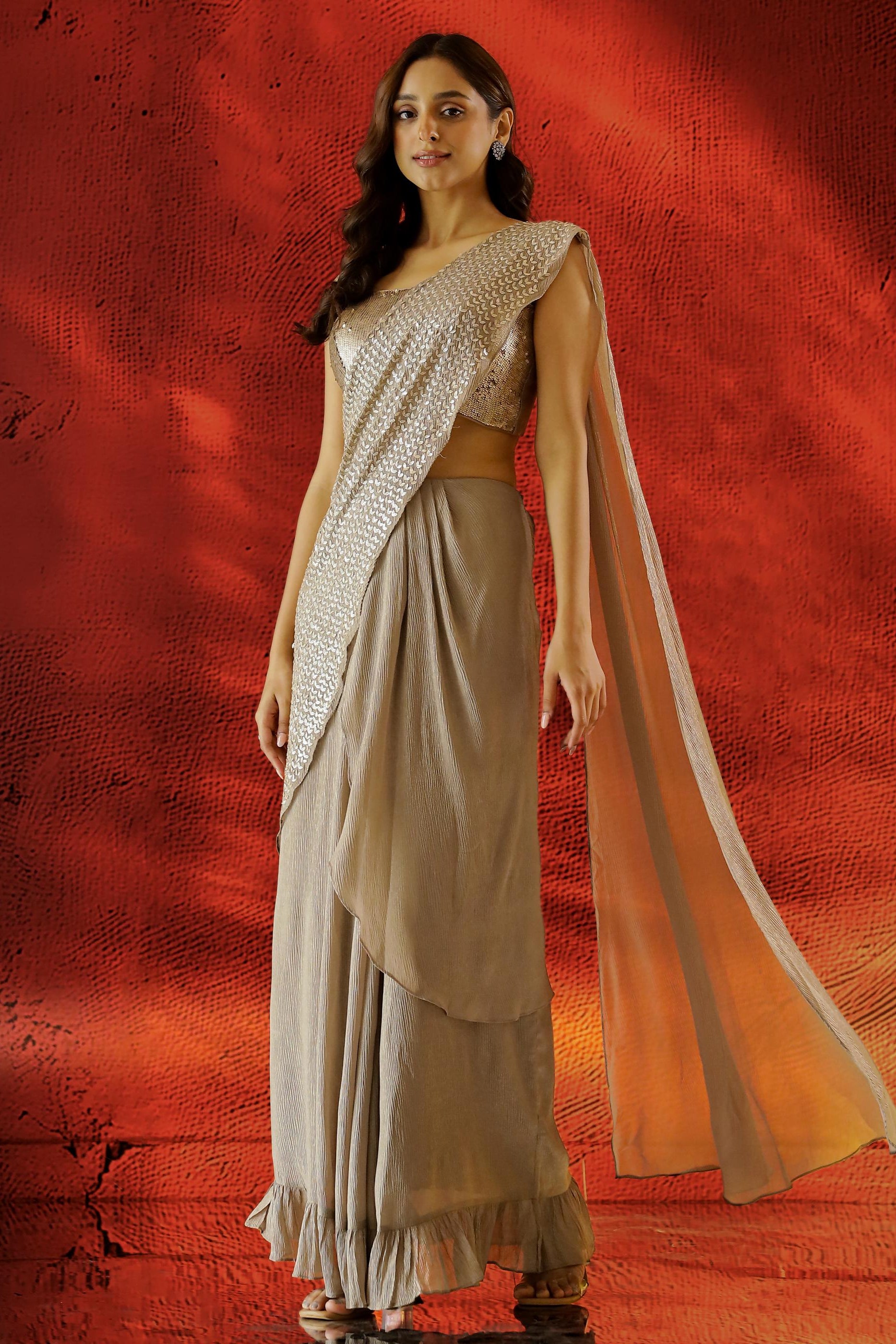 Beige Embellished Shimmer Premium Silk Draped Saree
