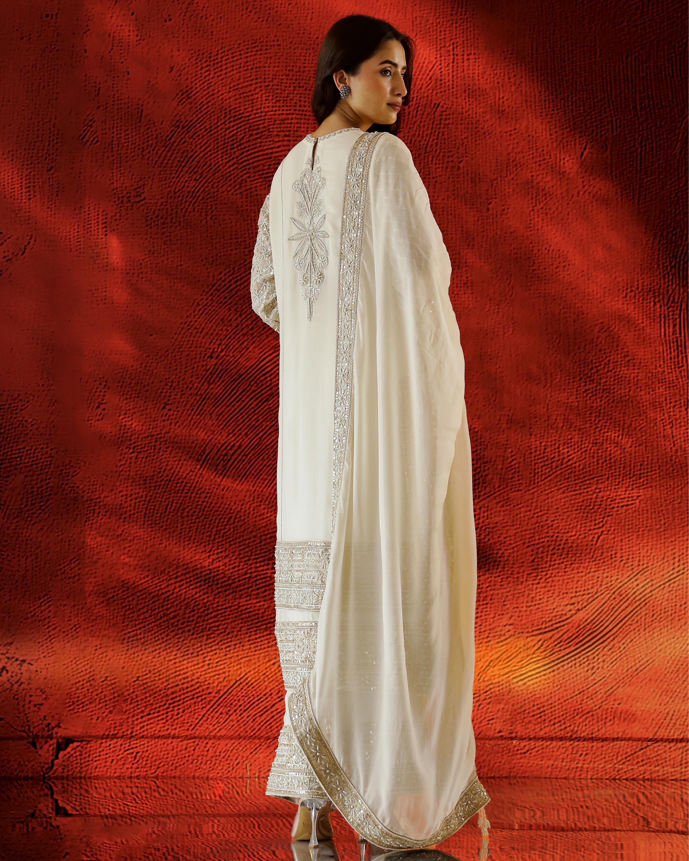 Ivory Embellished Organza Net Silk Kurta Set