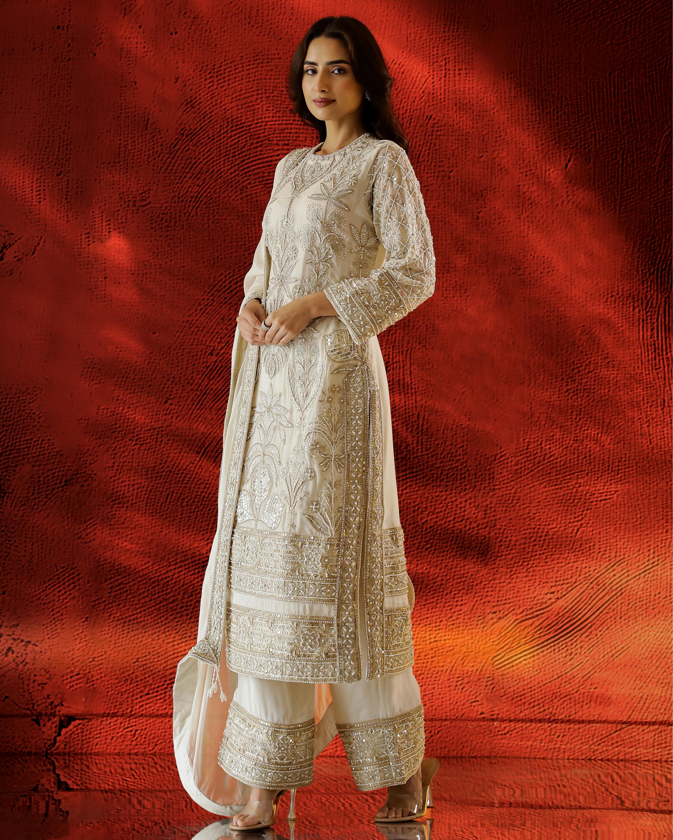 Ivory Embellished Organza Net Silk Kurta Set