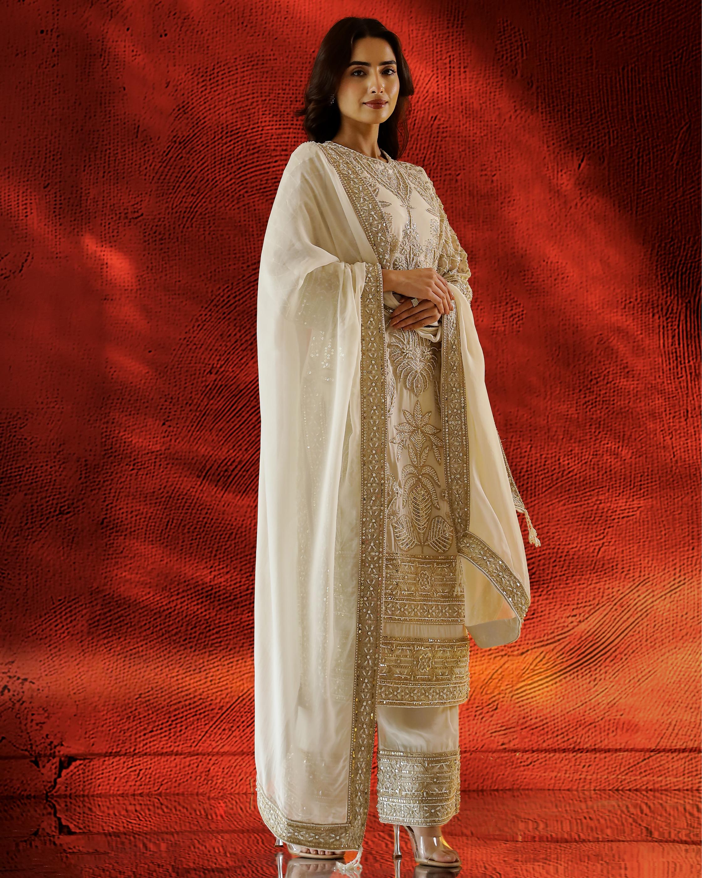 Ivory Embellished Organza Net Silk Kurta Set