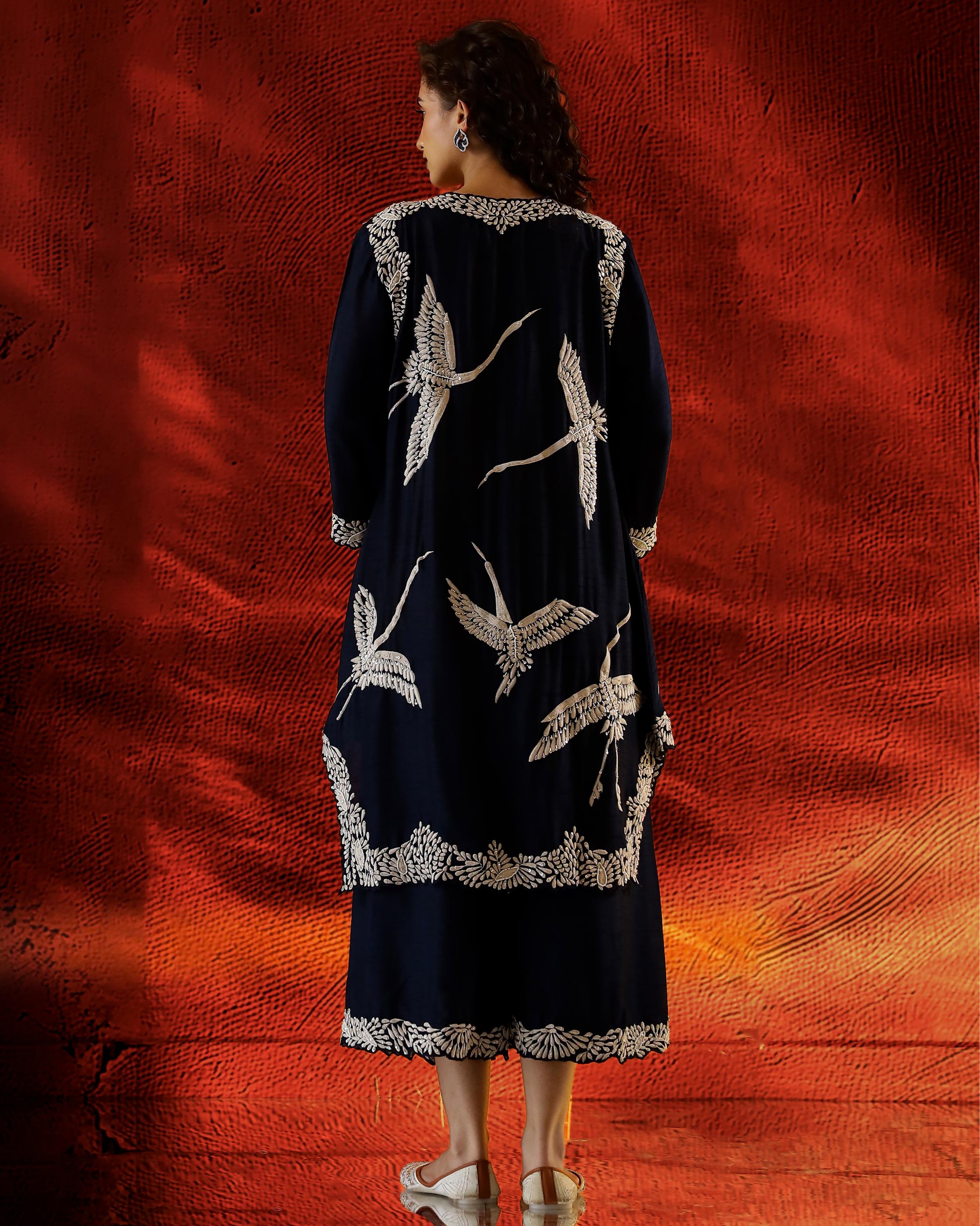 Deep Blue Flamingo Embroidered Raw Silk Co-Ord Set