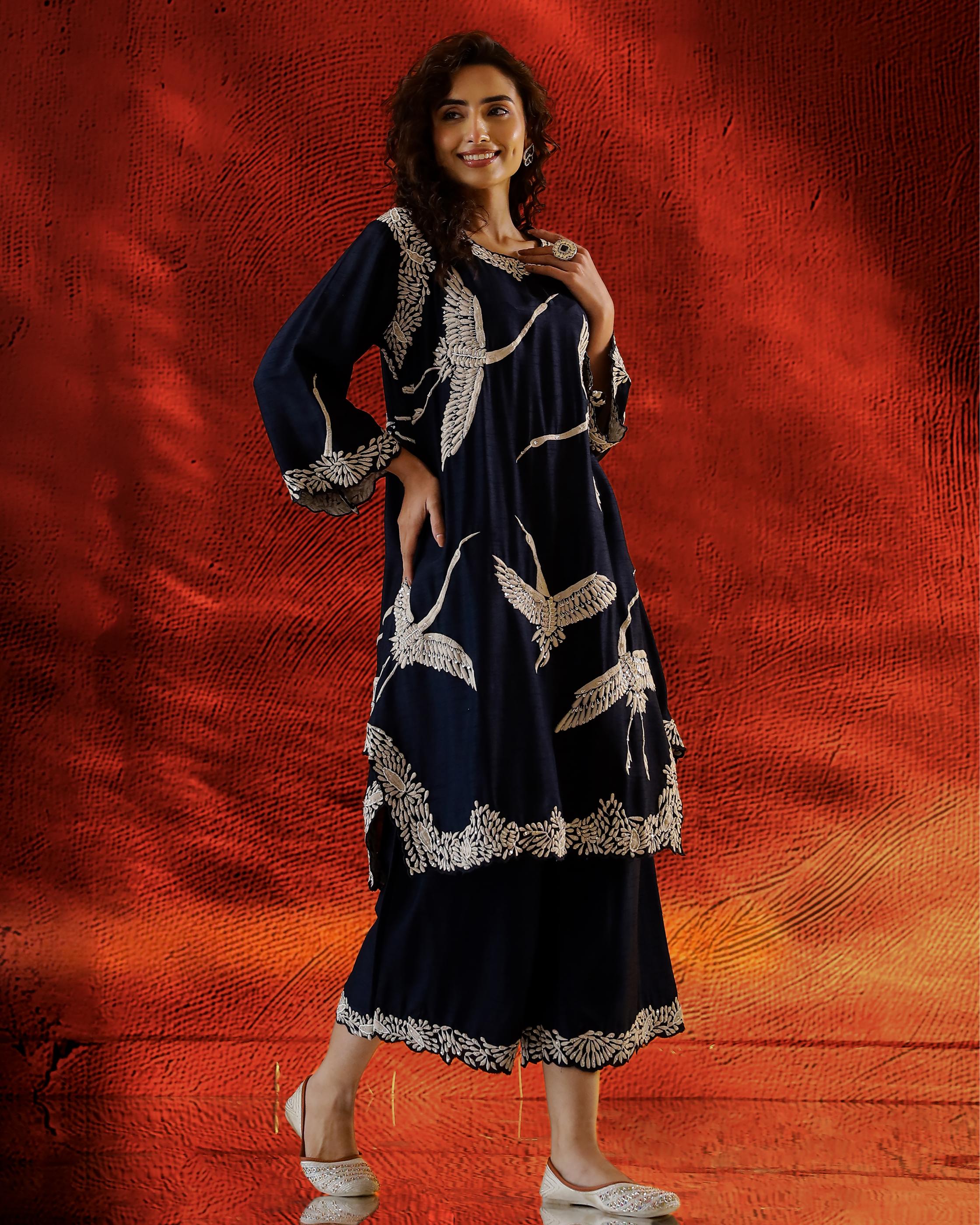 Deep Blue Flamingo Embroidered Raw Silk Co-Ord Set