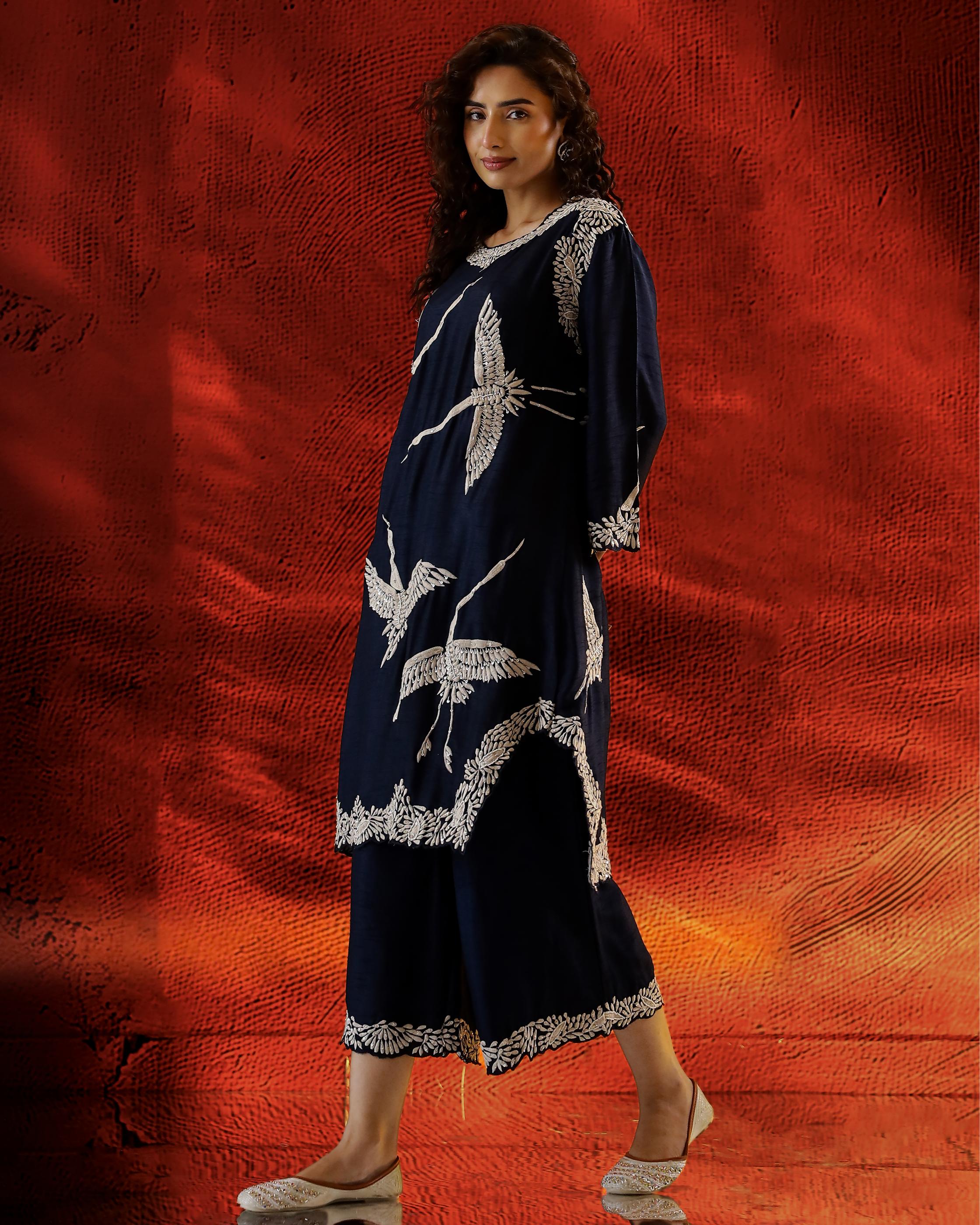 Deep Blue Flamingo Embroidered Raw Silk Co-Ord Set