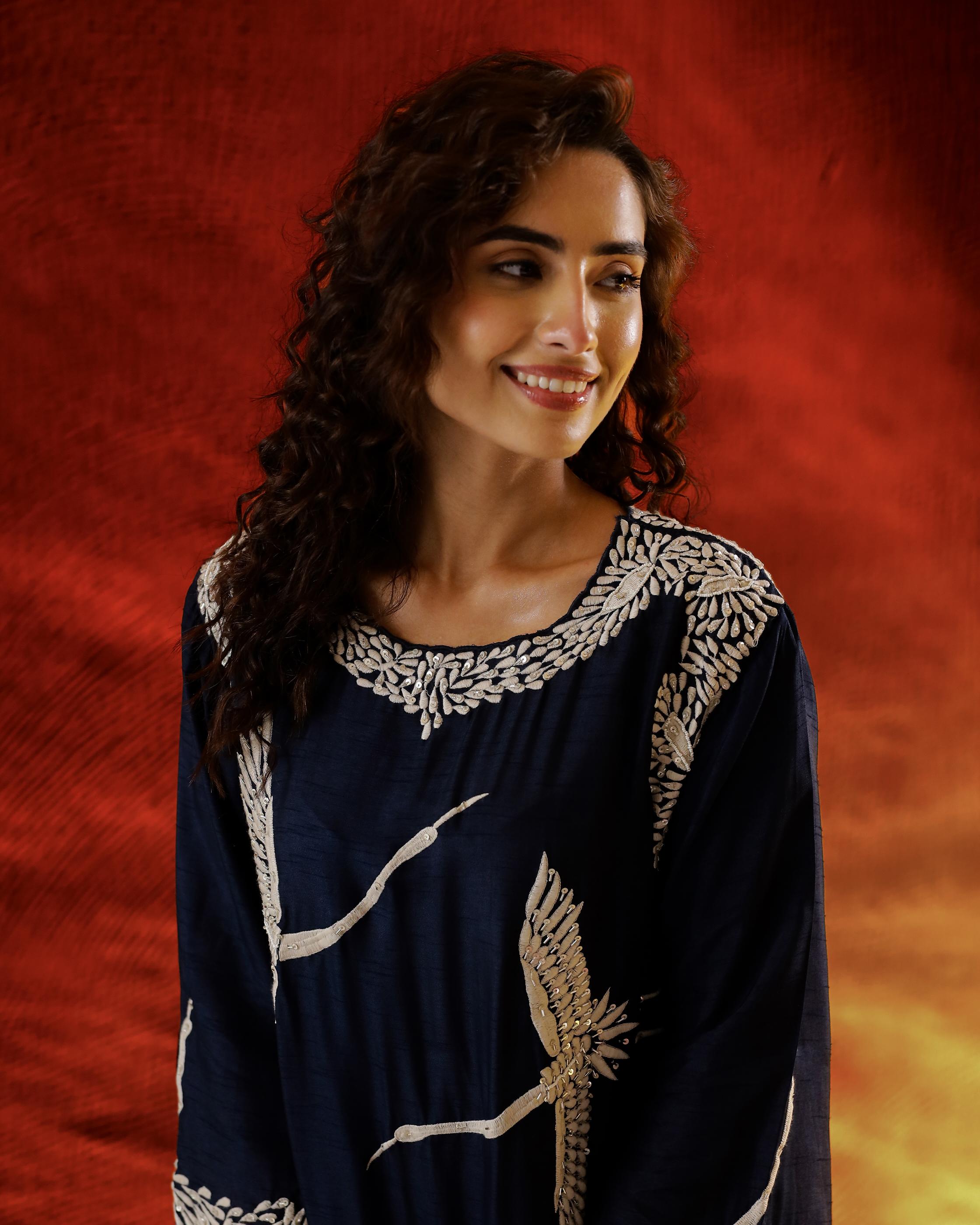 Deep Blue Flamingo Embroidered Raw Silk Co-Ord Set