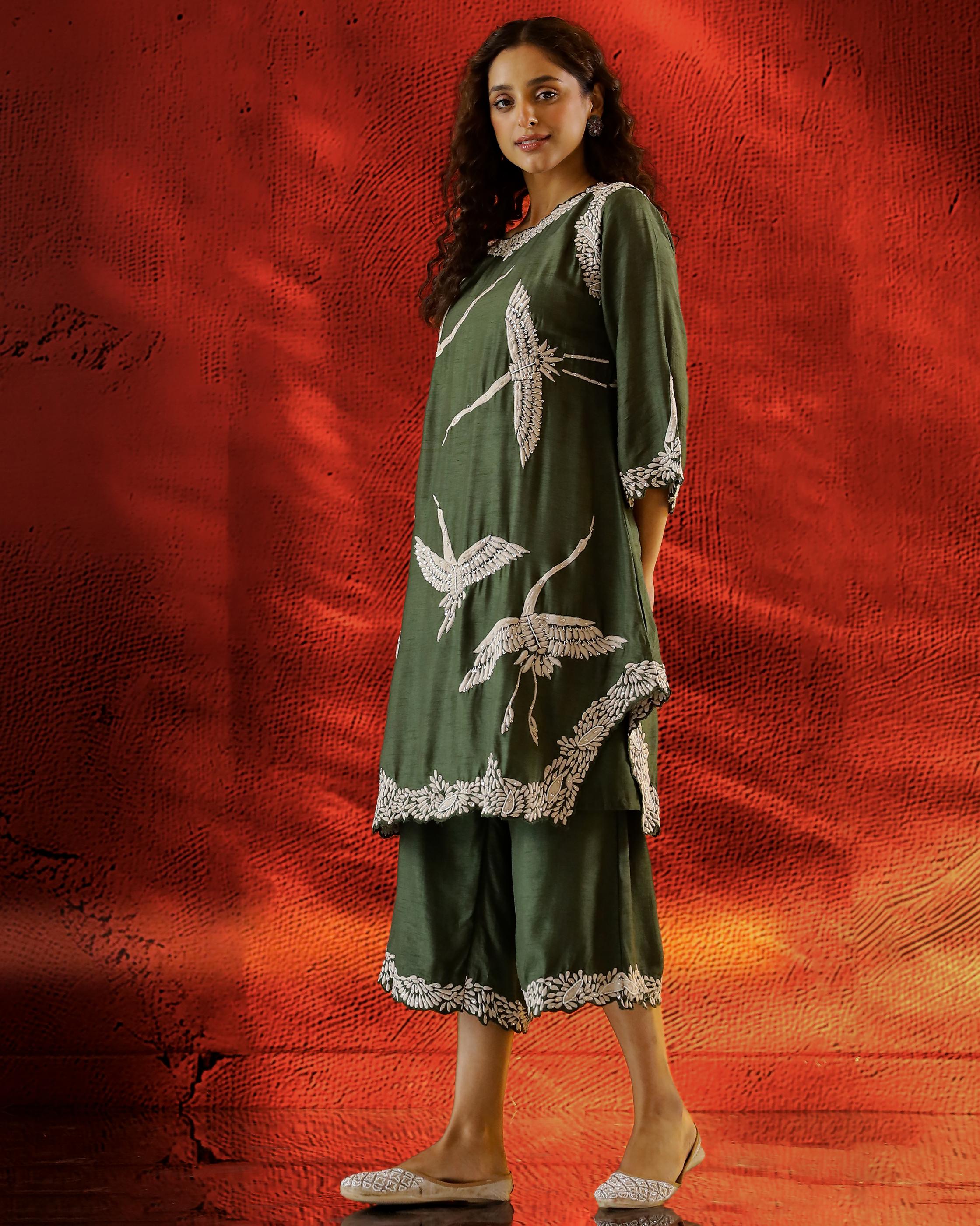 Forest Green Flamingo Embroidered Raw Silk Co-Ord Set