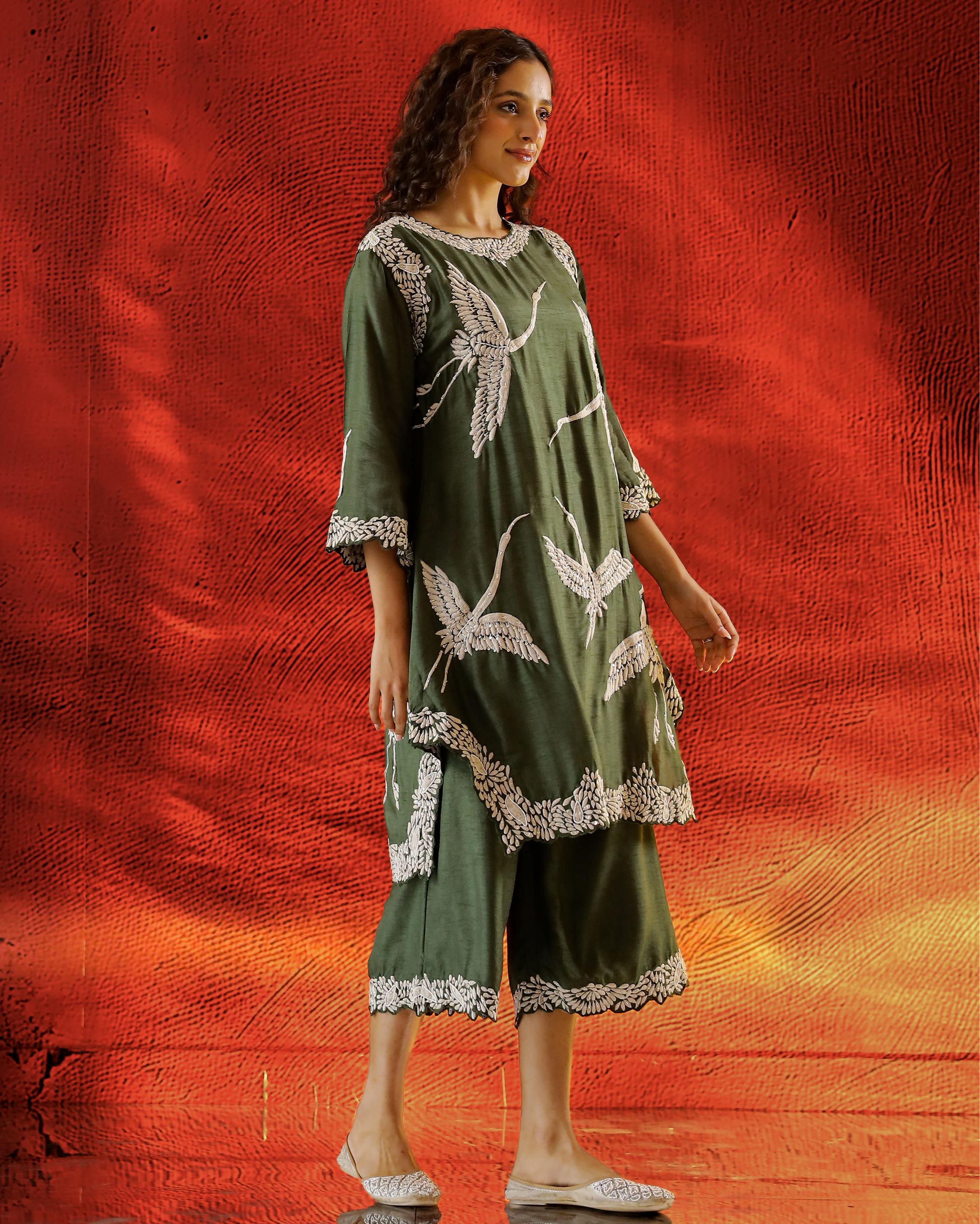 Forest Green Flamingo Embroidered Raw Silk Co-Ord Set