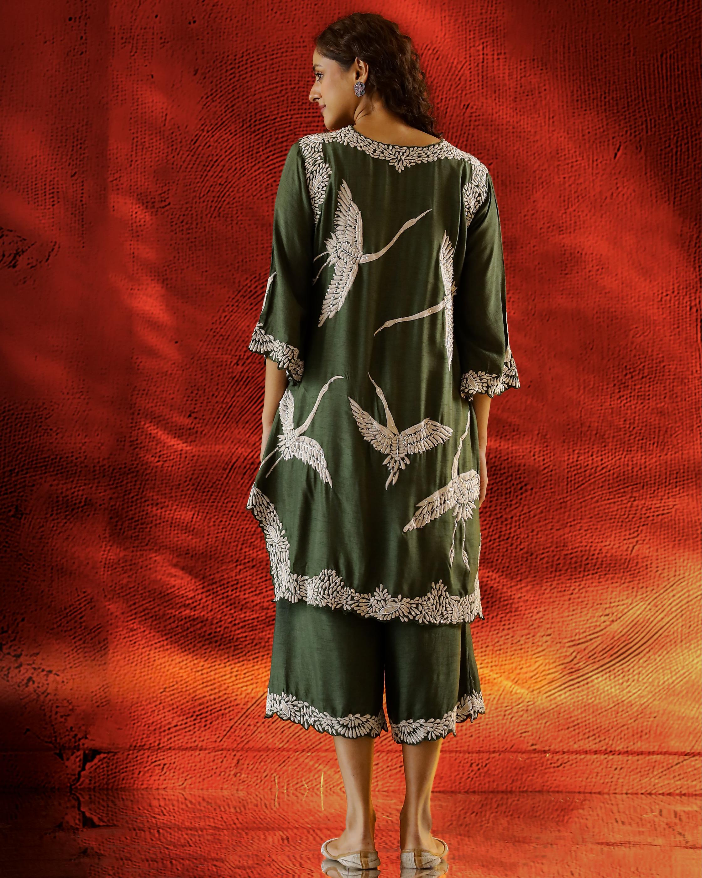 Forest Green Flamingo Embroidered Raw Silk Co-Ord Set