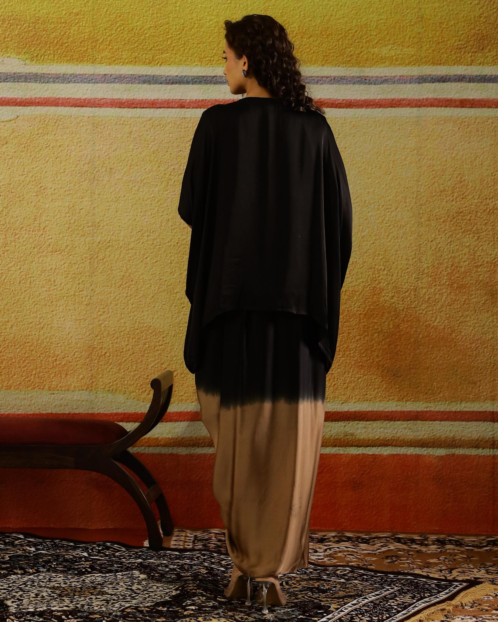 Brown Embellished Satin Silk Kaftan & Skirt Set