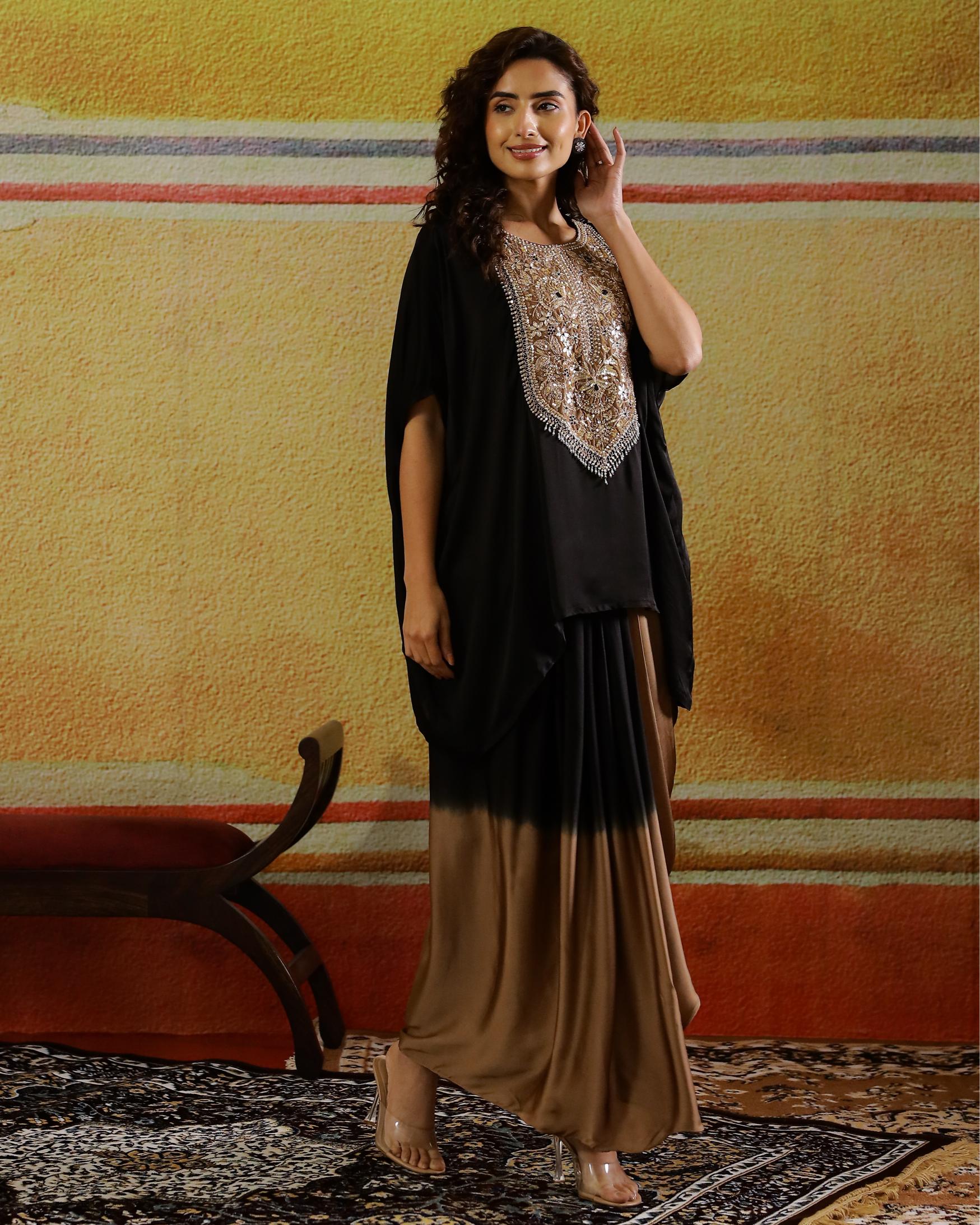Brown Embellished Satin Silk Kaftan & Skirt Set