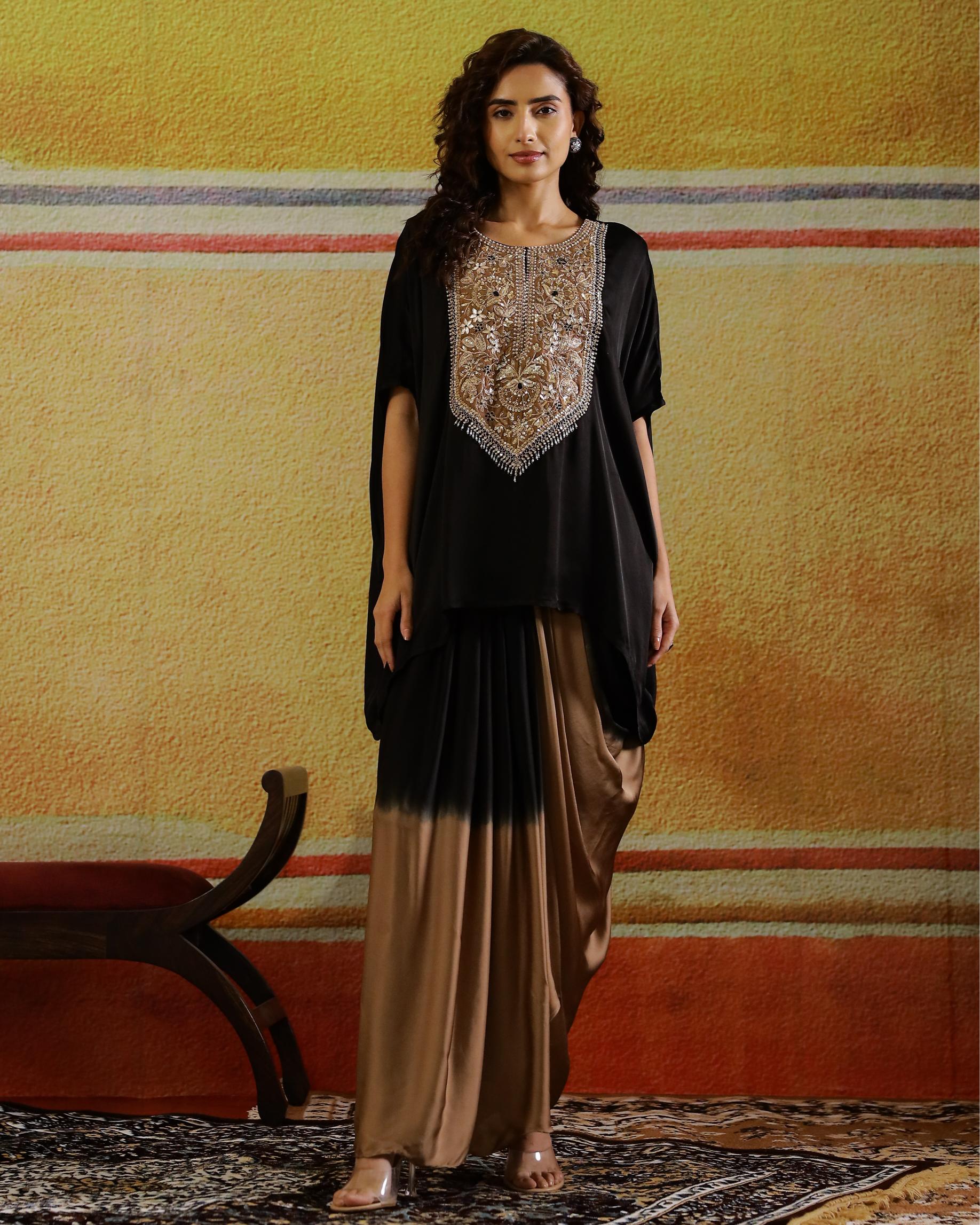 Brown Embellished Satin Silk Kaftan & Skirt Set