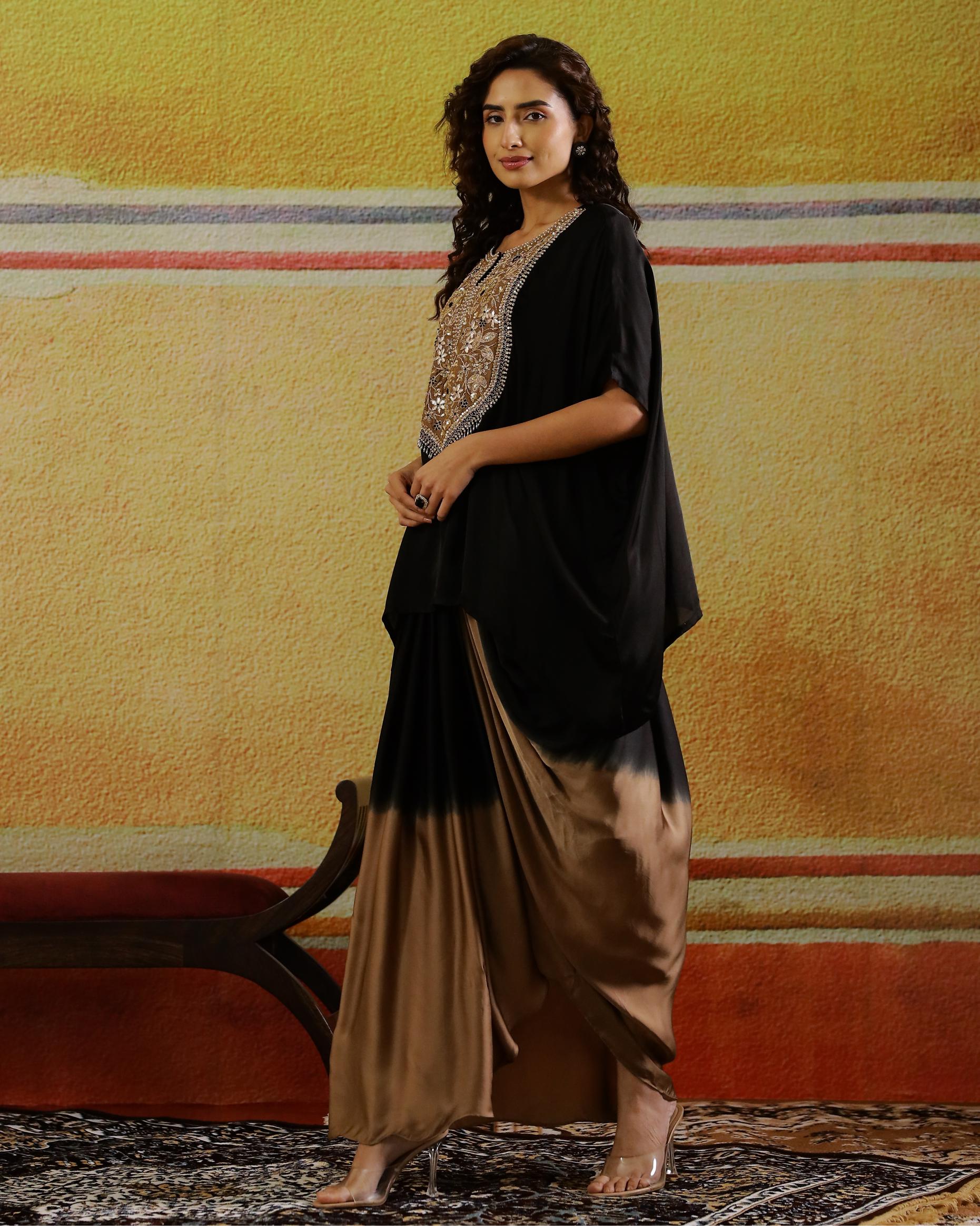 Brown Embellished Satin Silk Kaftan & Skirt Set