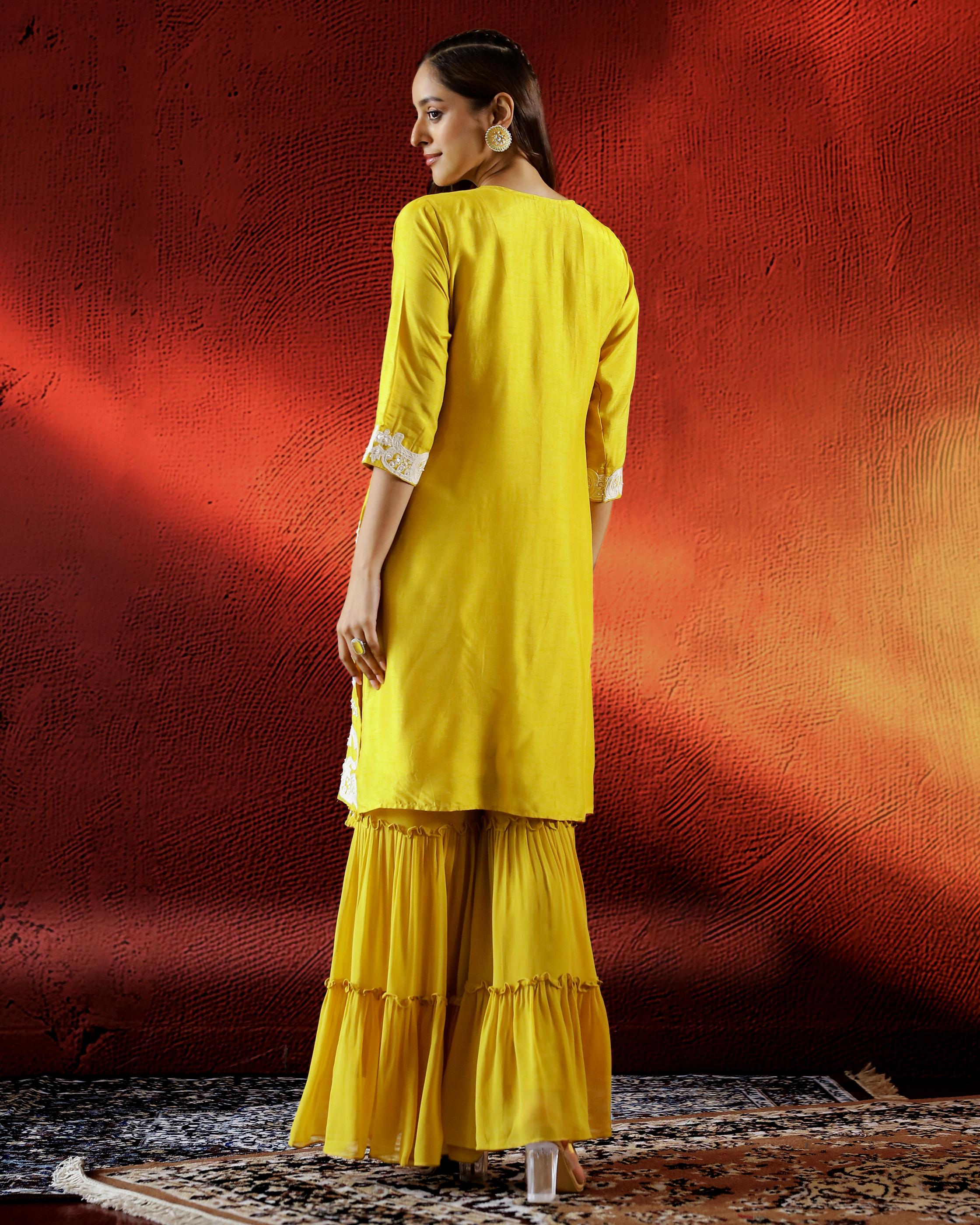 Bright Yellow Embellished Raw Silk Sharara Set