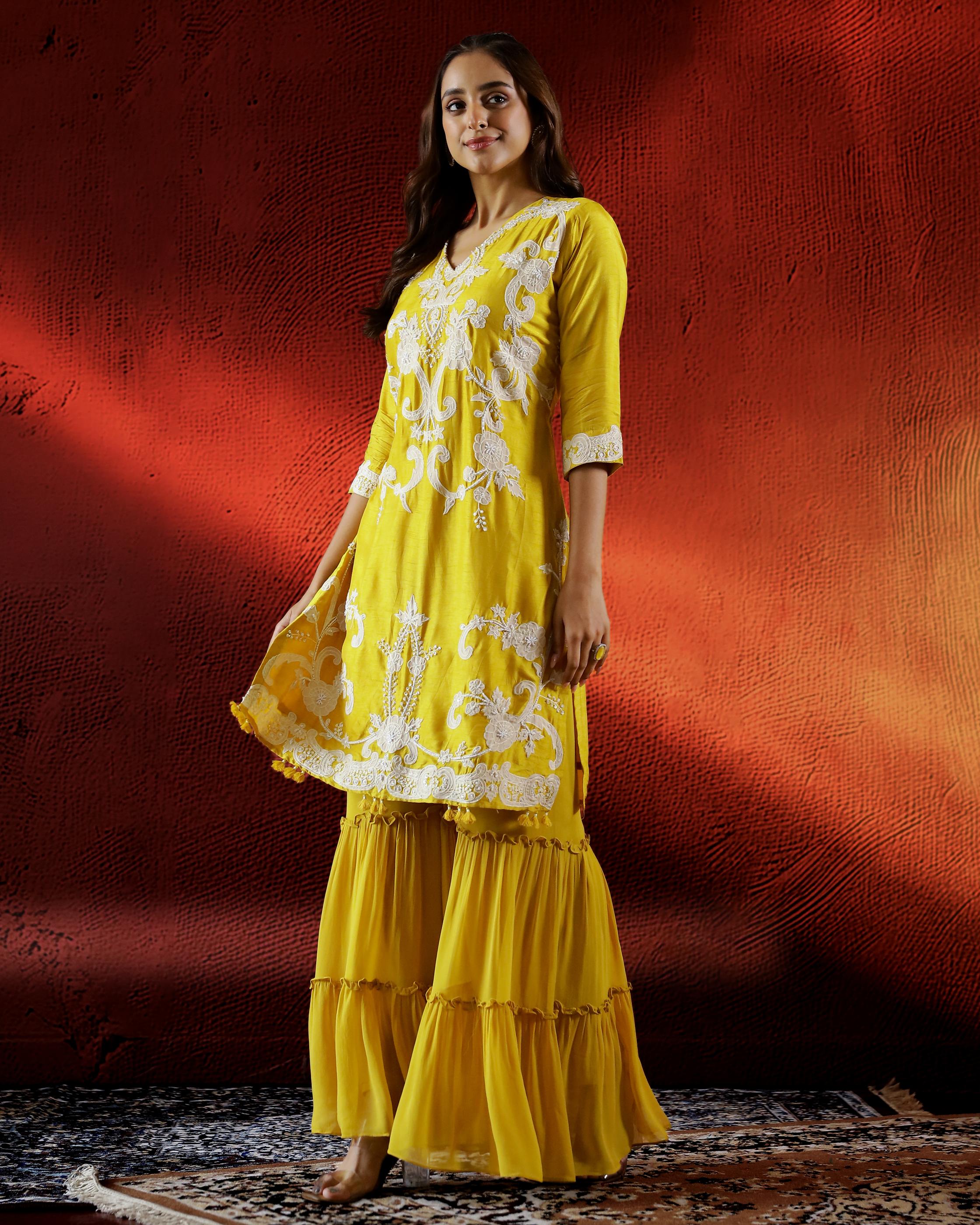 Bright Yellow Embellished Raw Silk Sharara Set