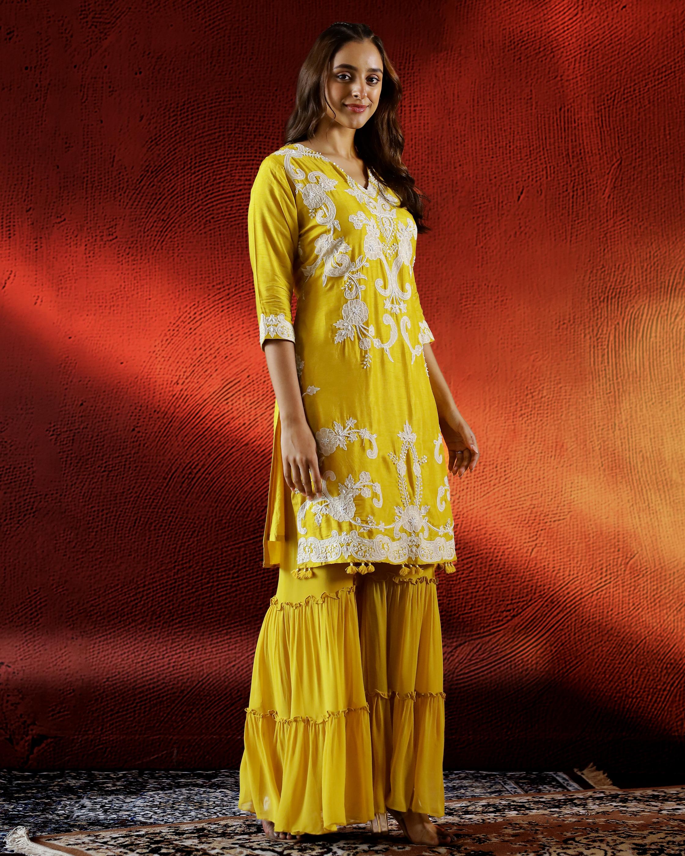 Bright Yellow Embellished Raw Silk Sharara Set