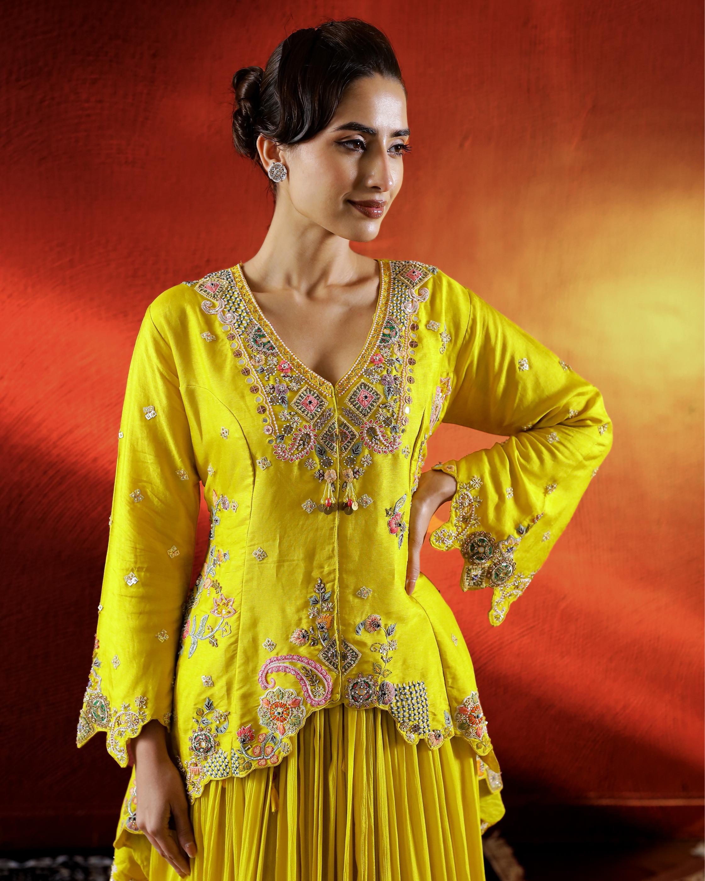 Festive Yellow Embellished Chinon Silk Lehenga Set