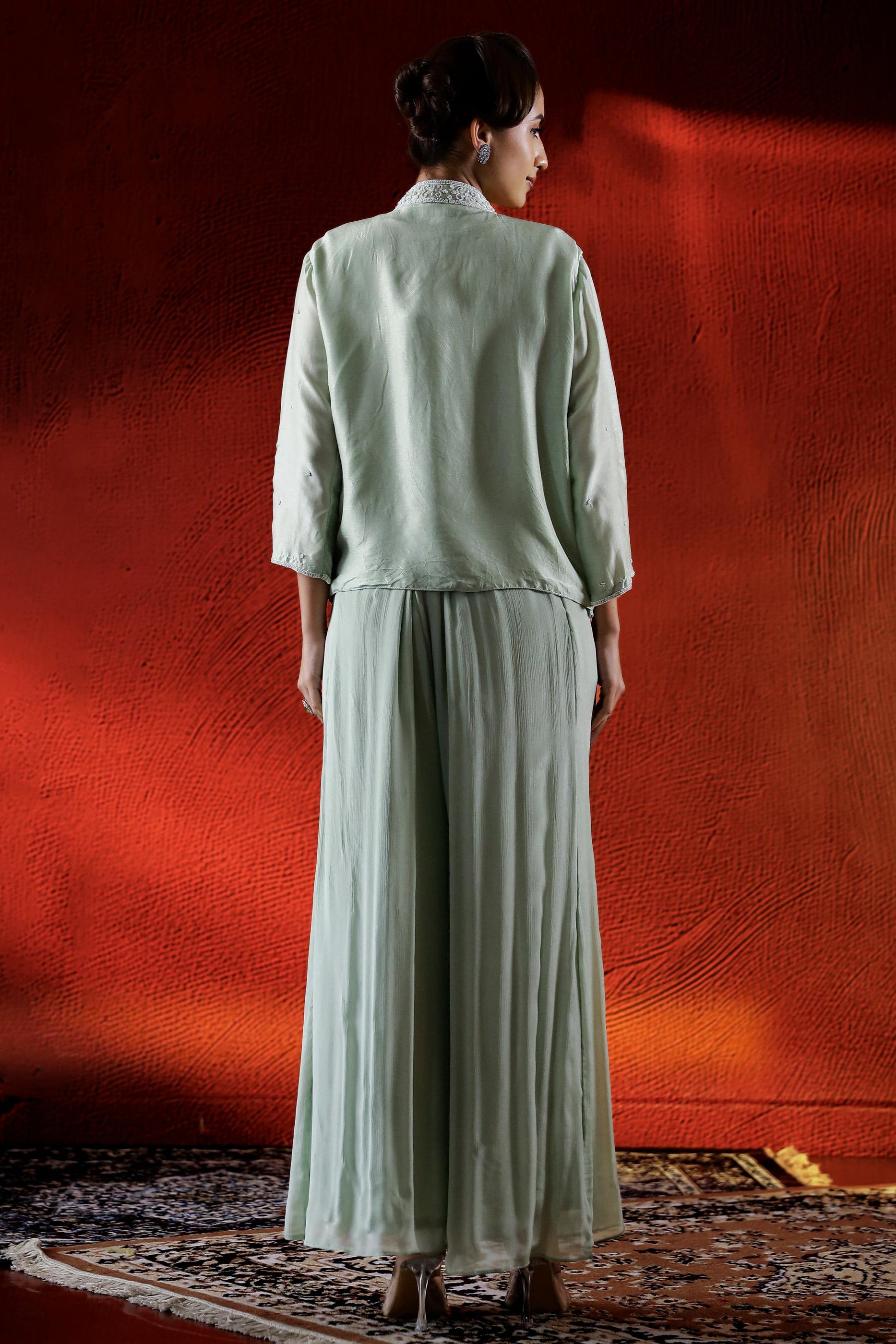 Light Green Embellished Spanish Silk Cape Set