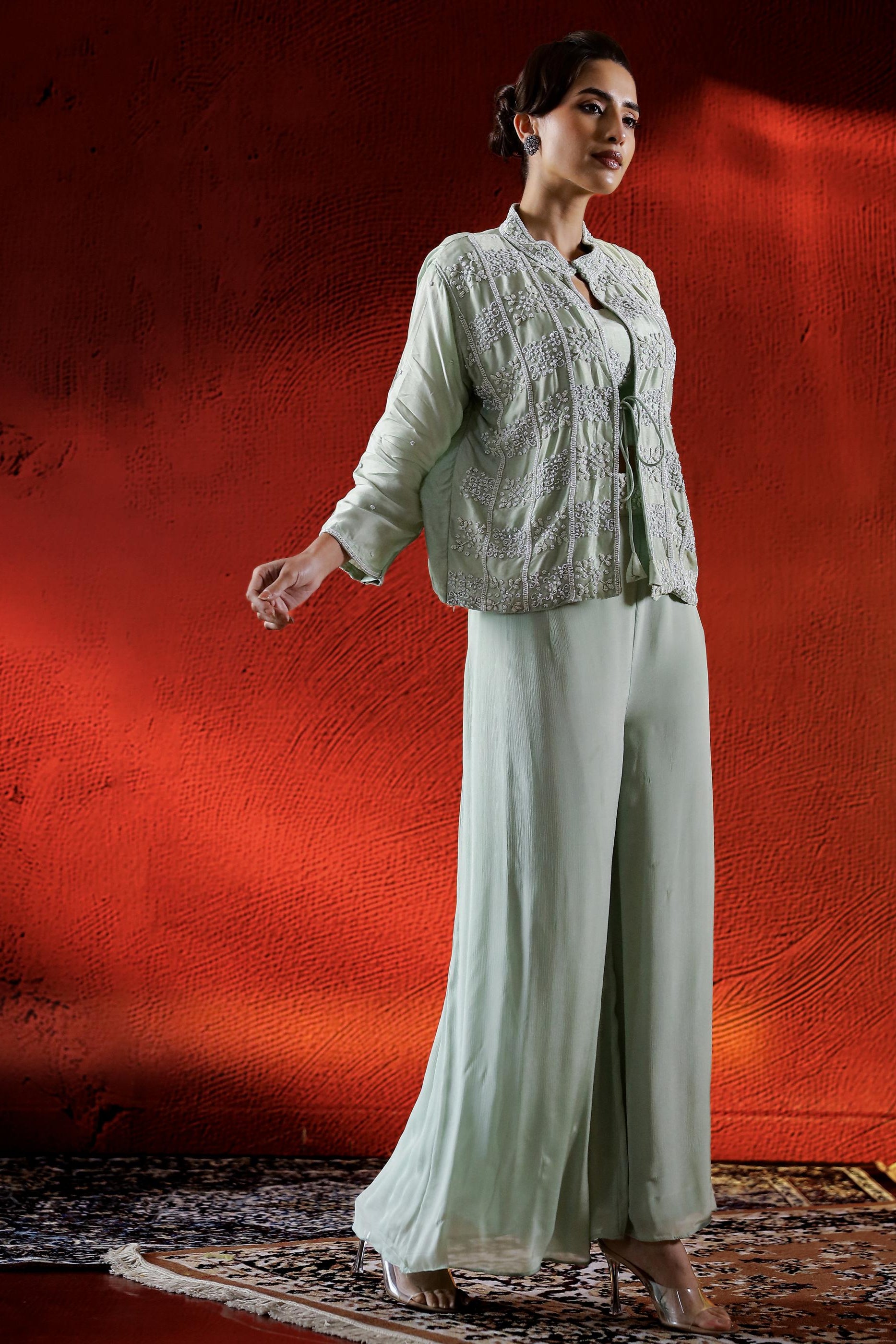 Light Green Embellished Spanish Silk Cape Set