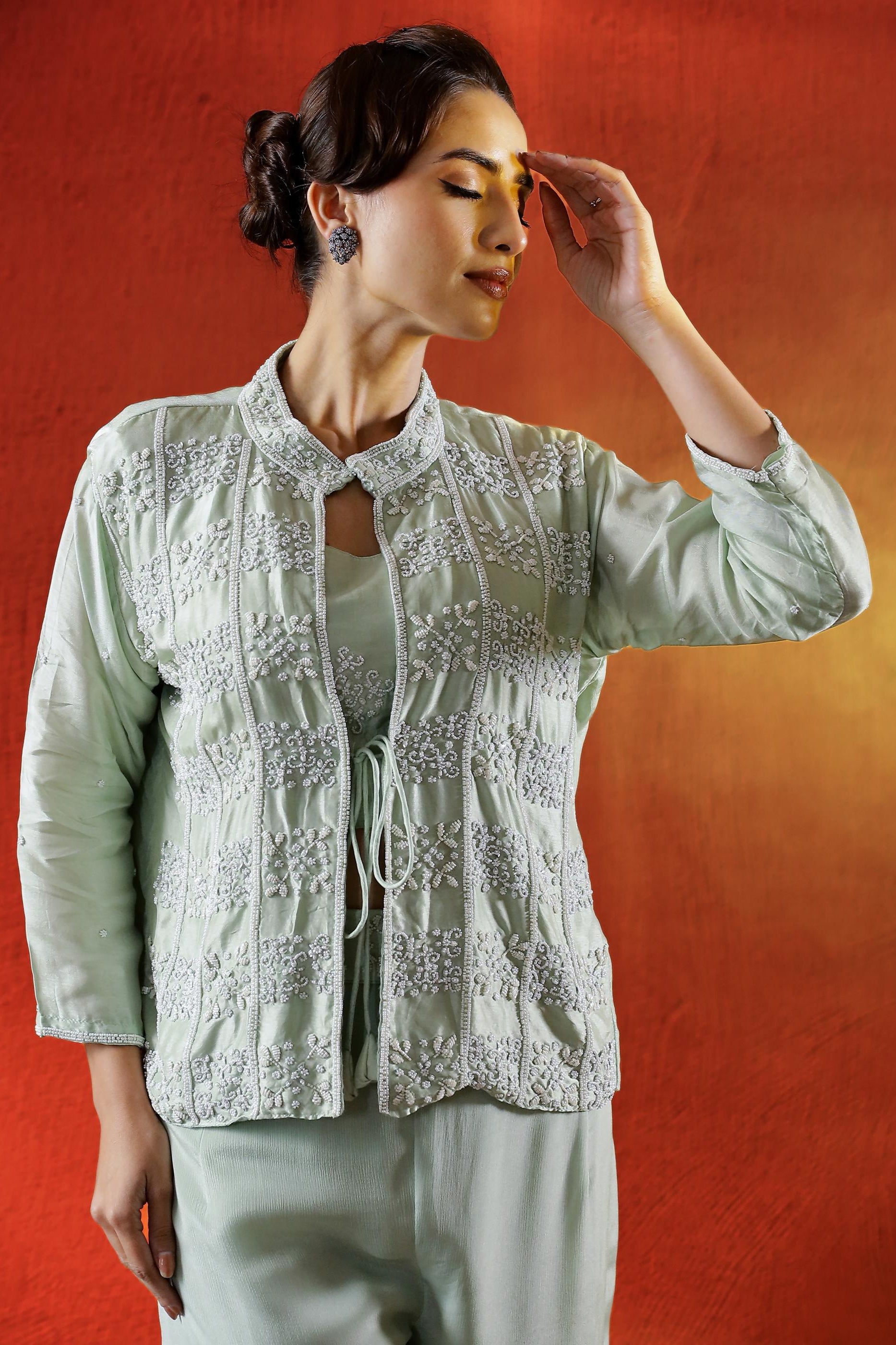 Light Green Embellished Spanish Silk Cape Set