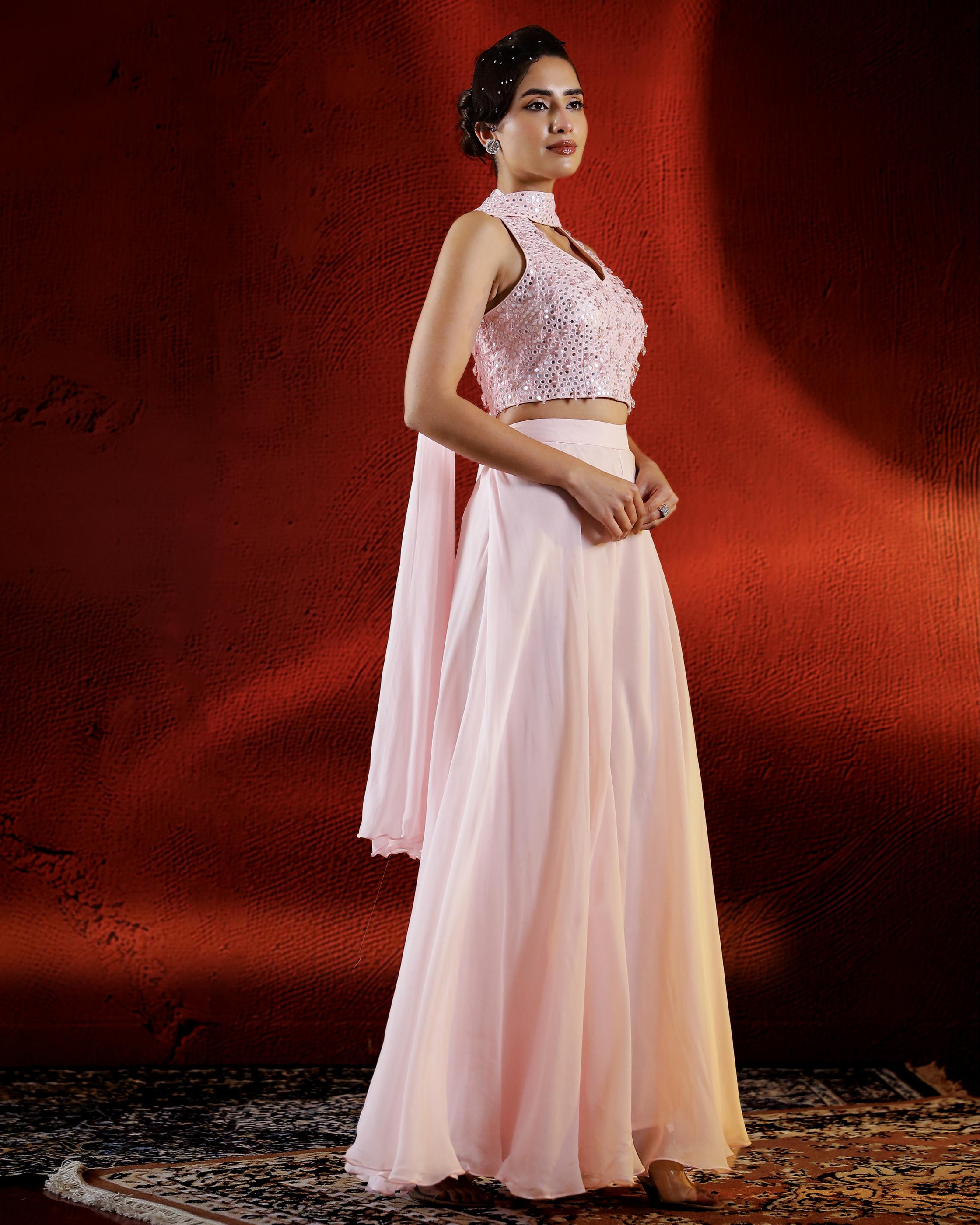 Light Pink Mirror Embellished Palazzo Set