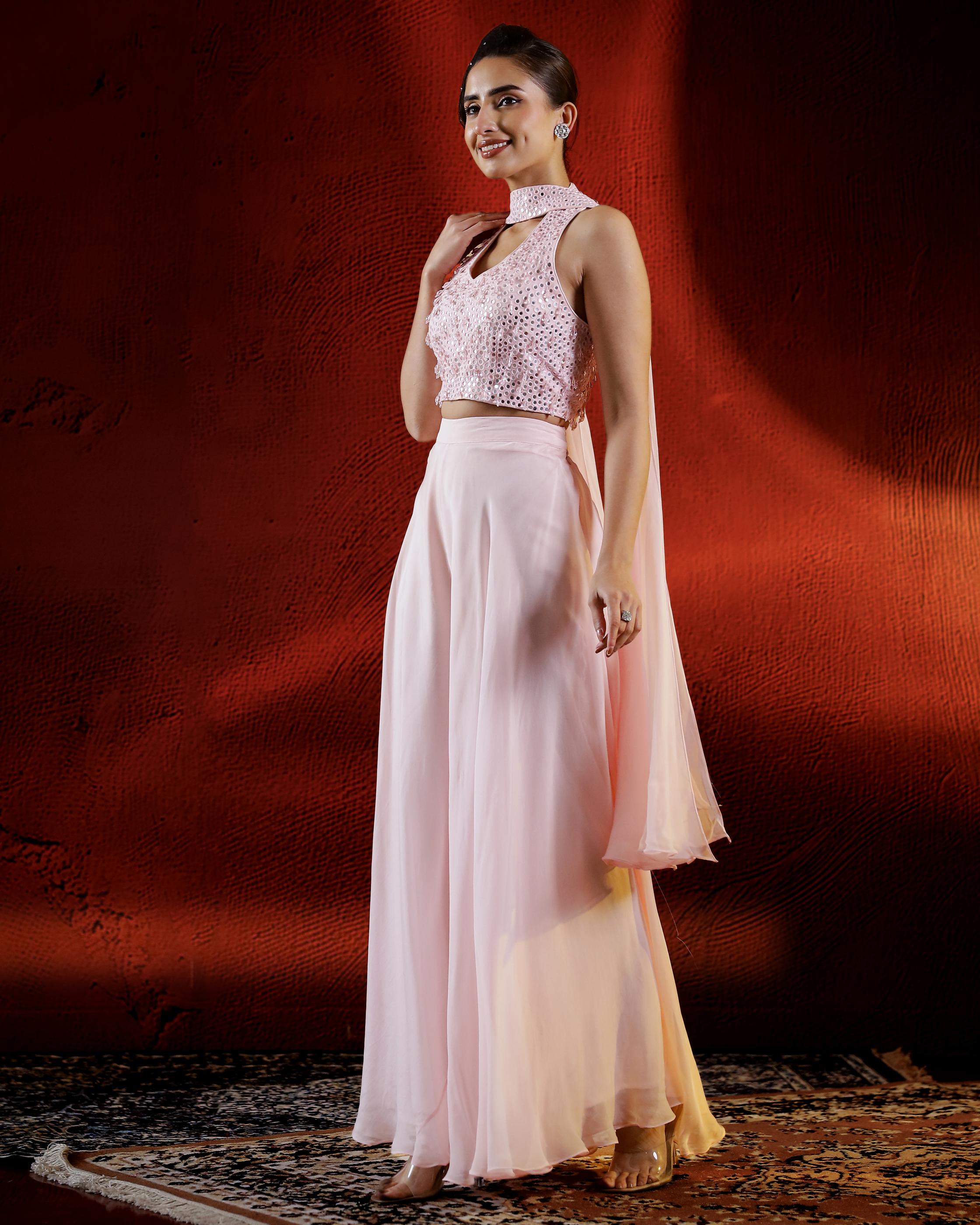 Light Pink Mirror Embellished Palazzo Set