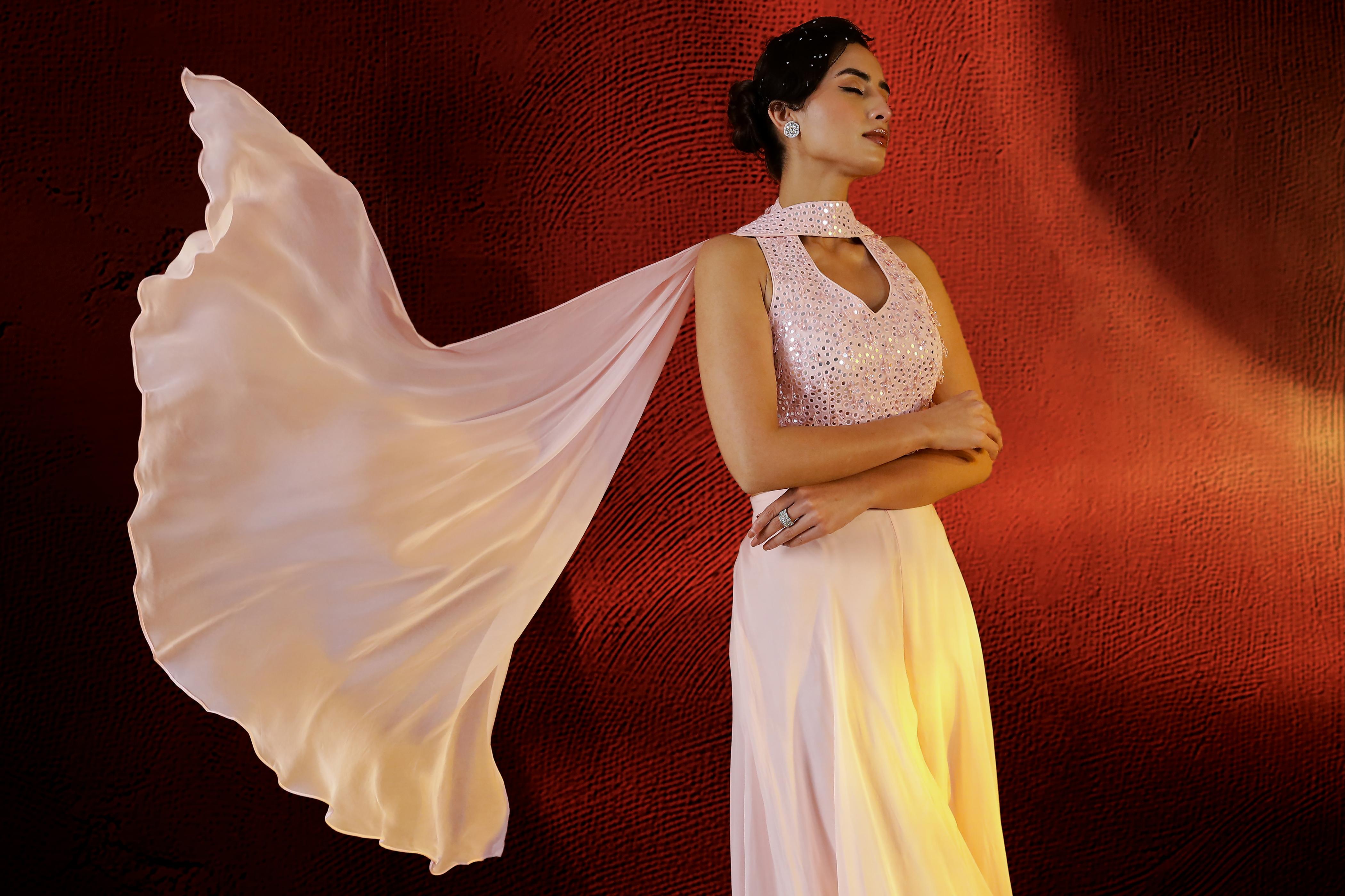 Light Pink Mirror Embellished Palazzo Set