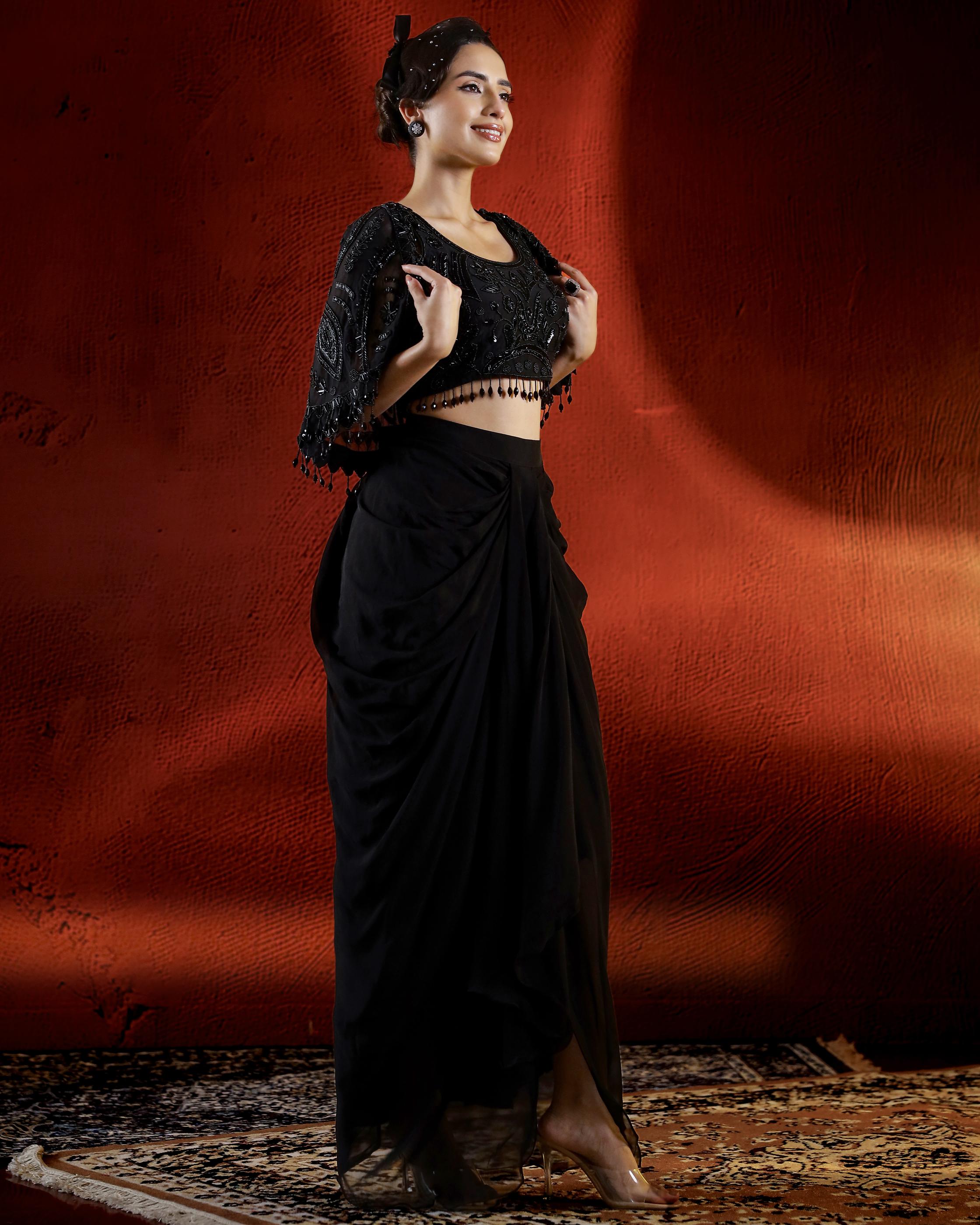 Black Sequin Embellished Skirt Set with Cape