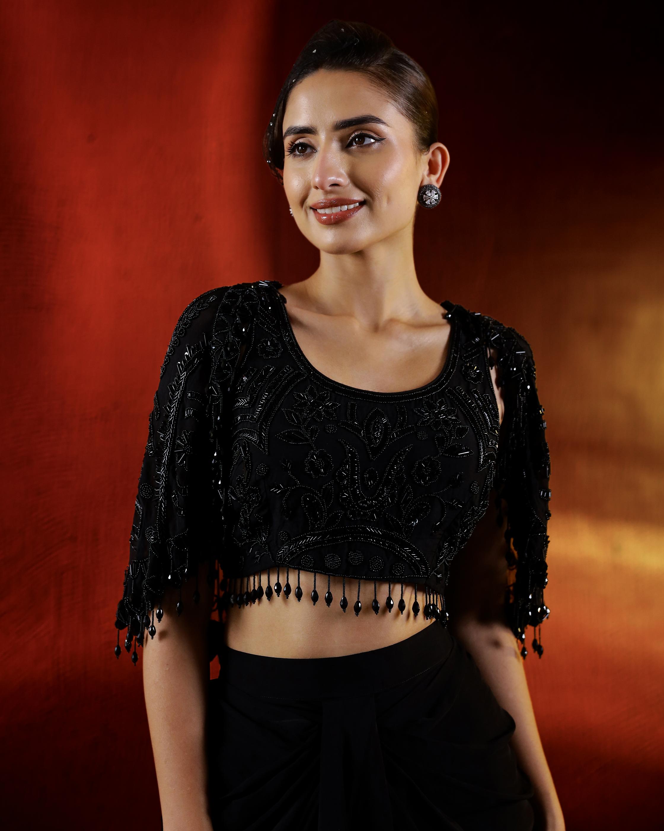 Black Sequin Embellished Skirt Set with Cape