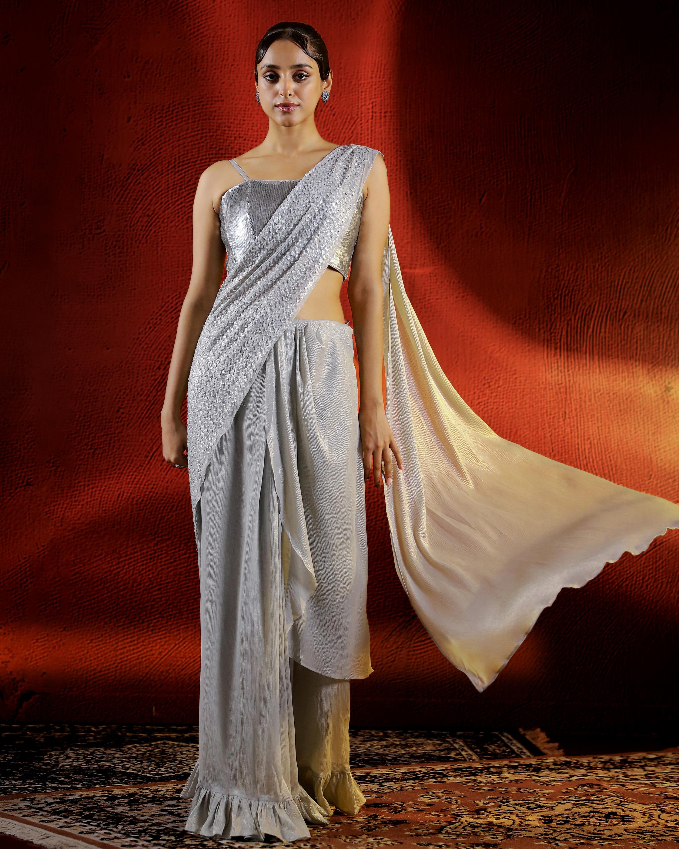 Grey Embellished Shimmer Premium Silk Draped Saree