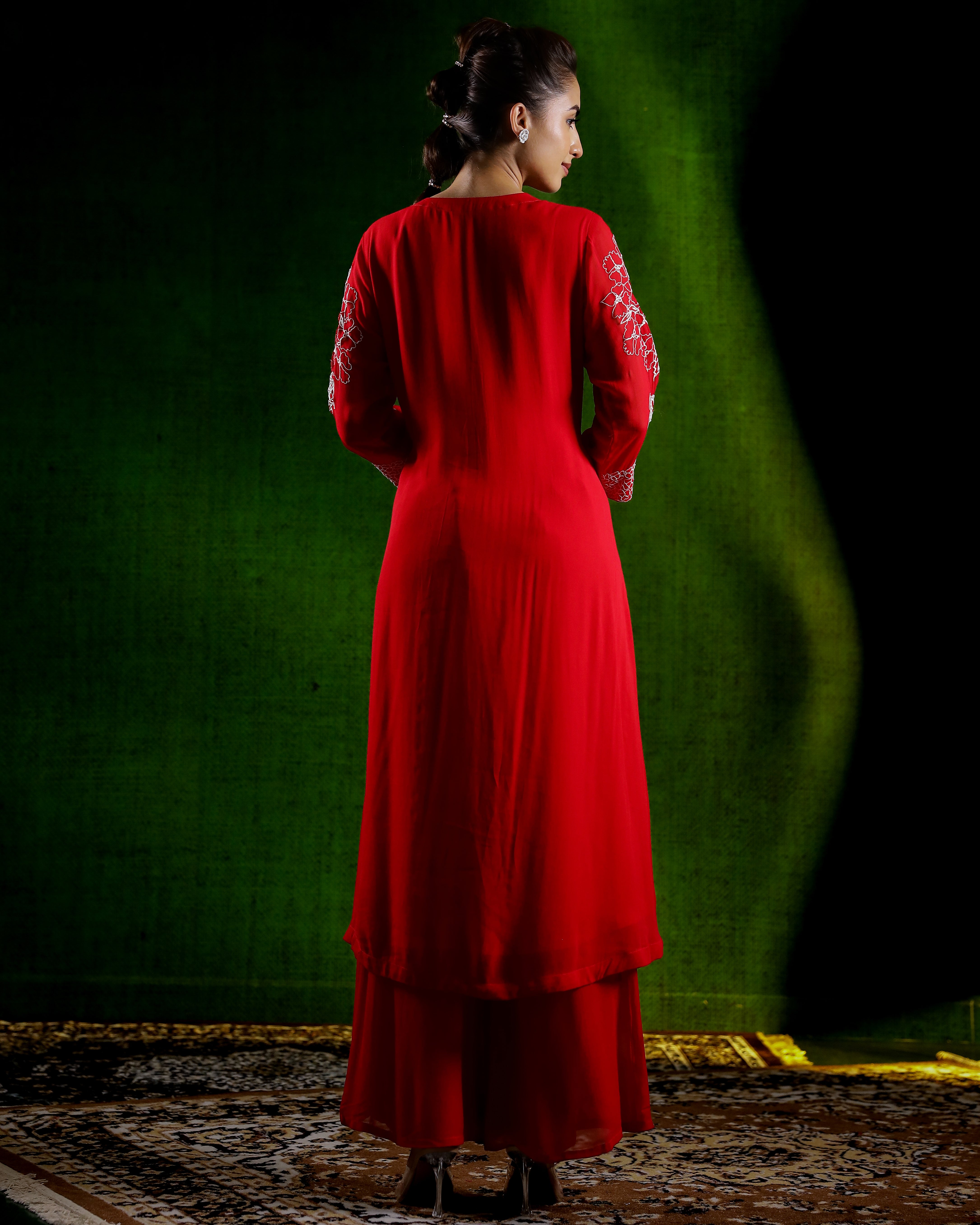 Hot Red Embroidered Silk Palazzo Set