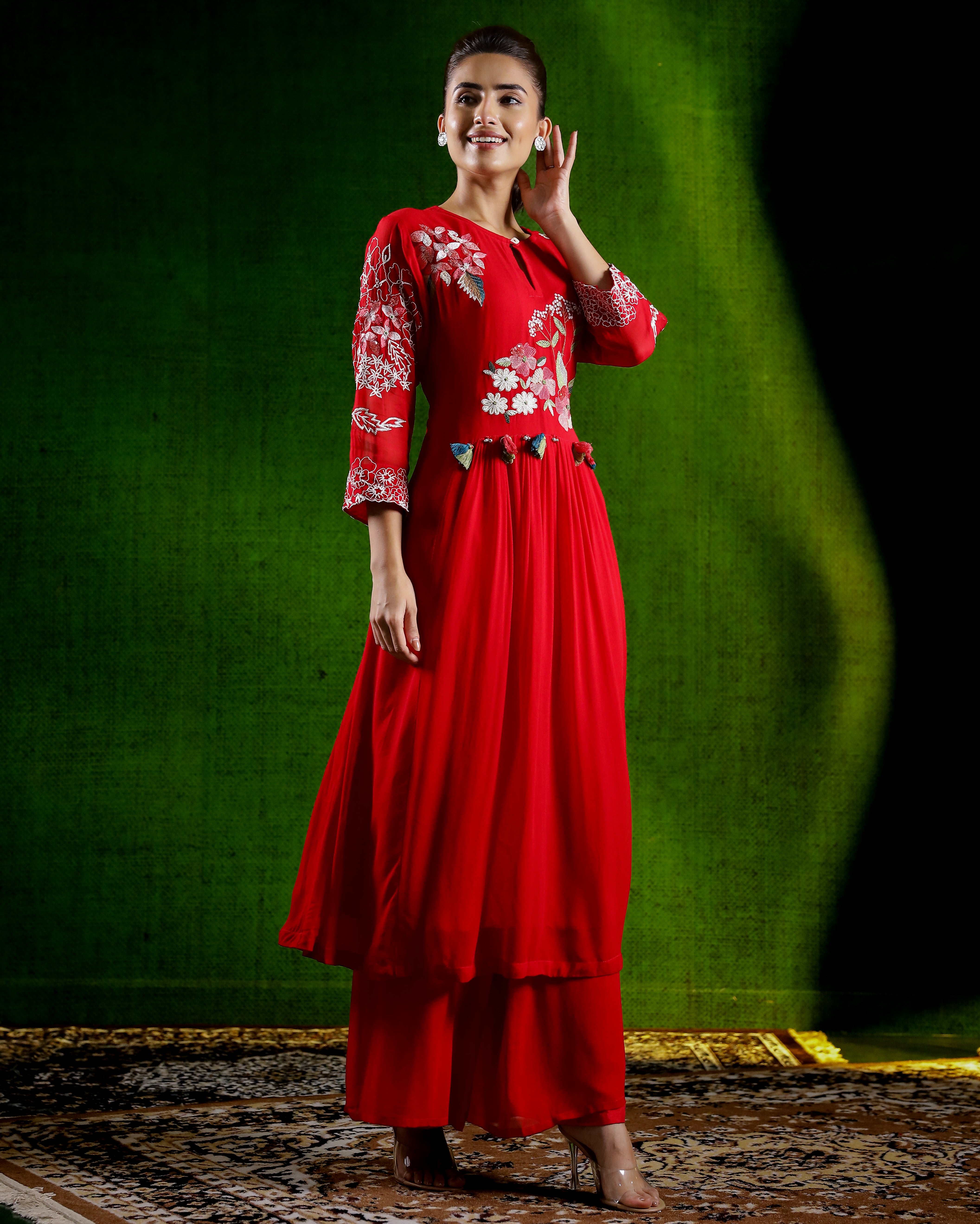 Hot Red Embroidered Silk Palazzo Set