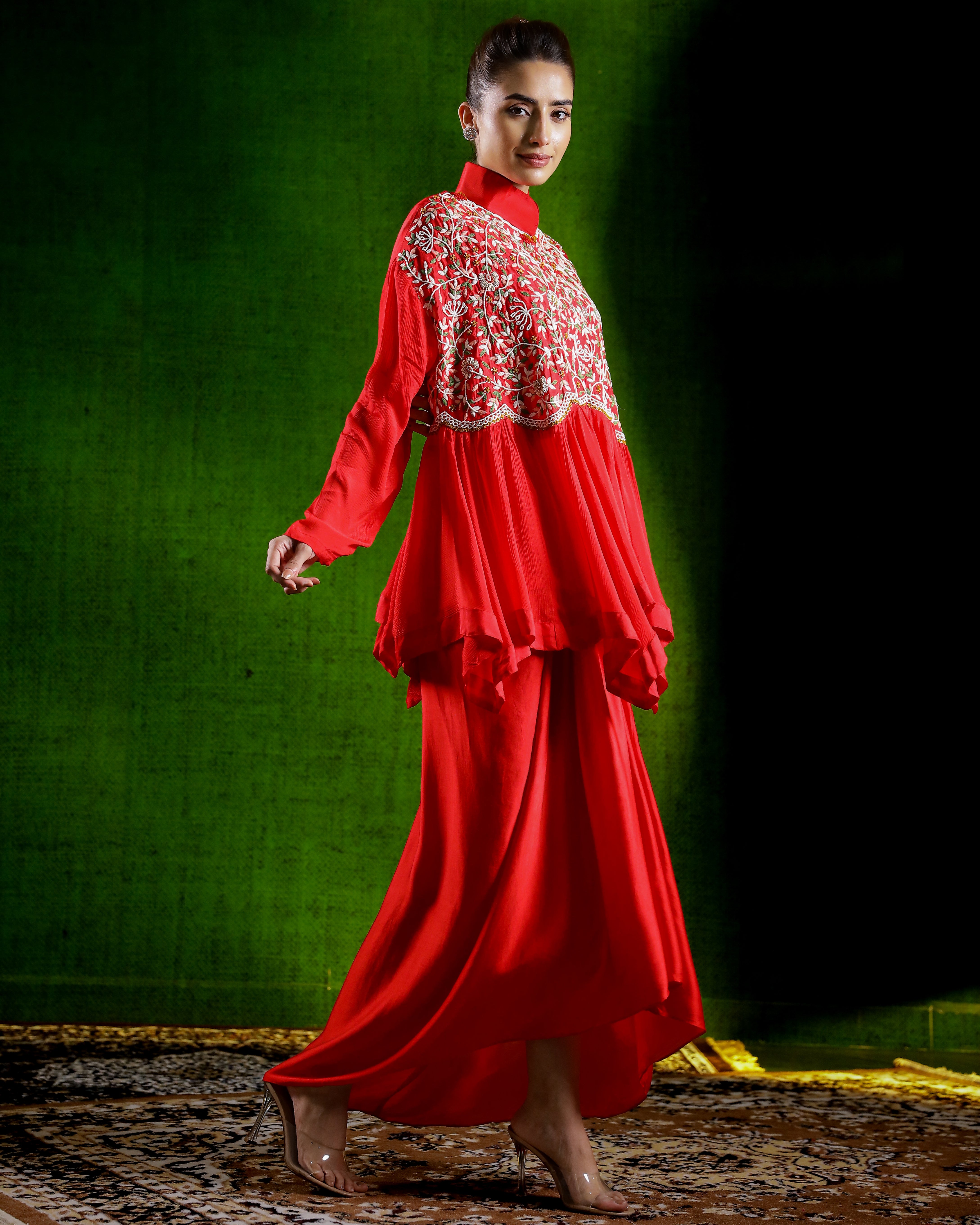 Cherry Red Embroidered Chinon Silk Kurta Set