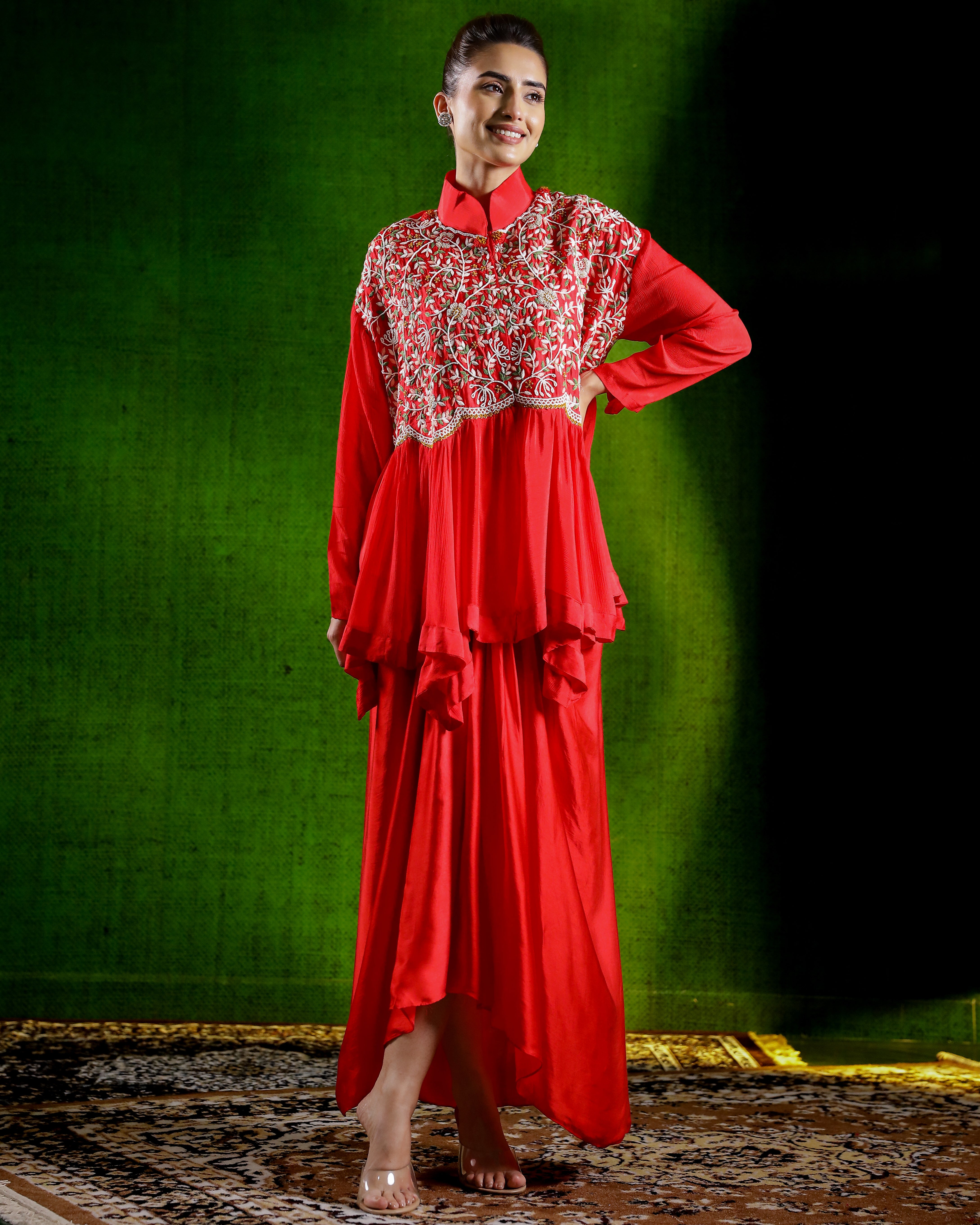 Cherry Red Embroidered Chinon Silk Kurta Set